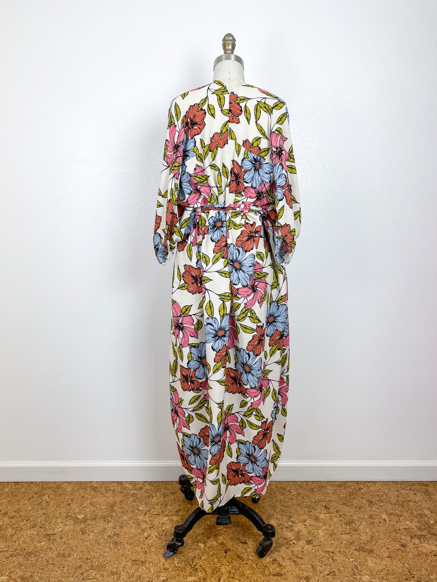 Print High Low Kimono Ivory Pastel Floral Rayon Crepe