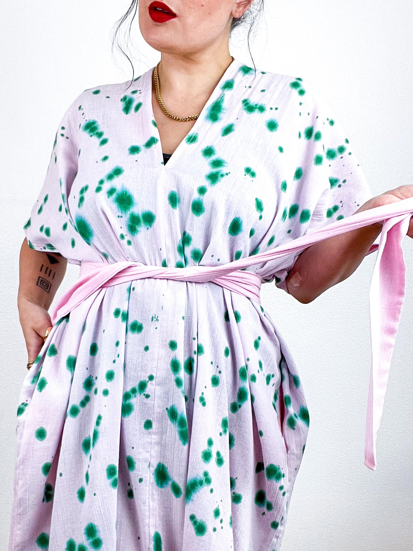 Single Gauze Midi Caftan Dress Blush Green Speckle