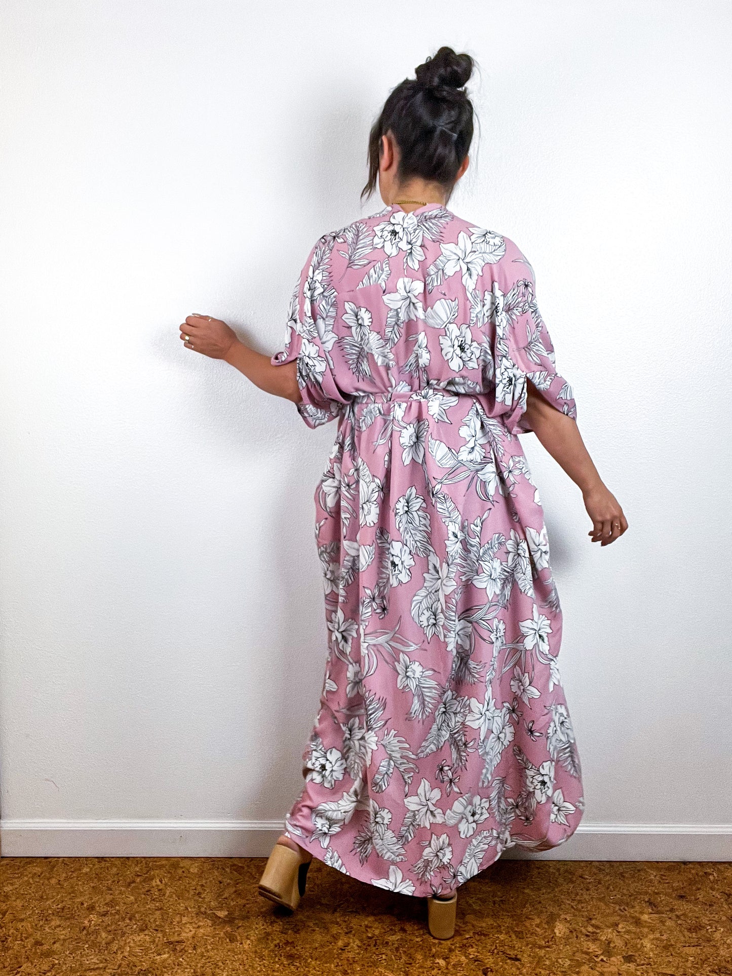 Print High Low Kimono Pink White Tropical Challis