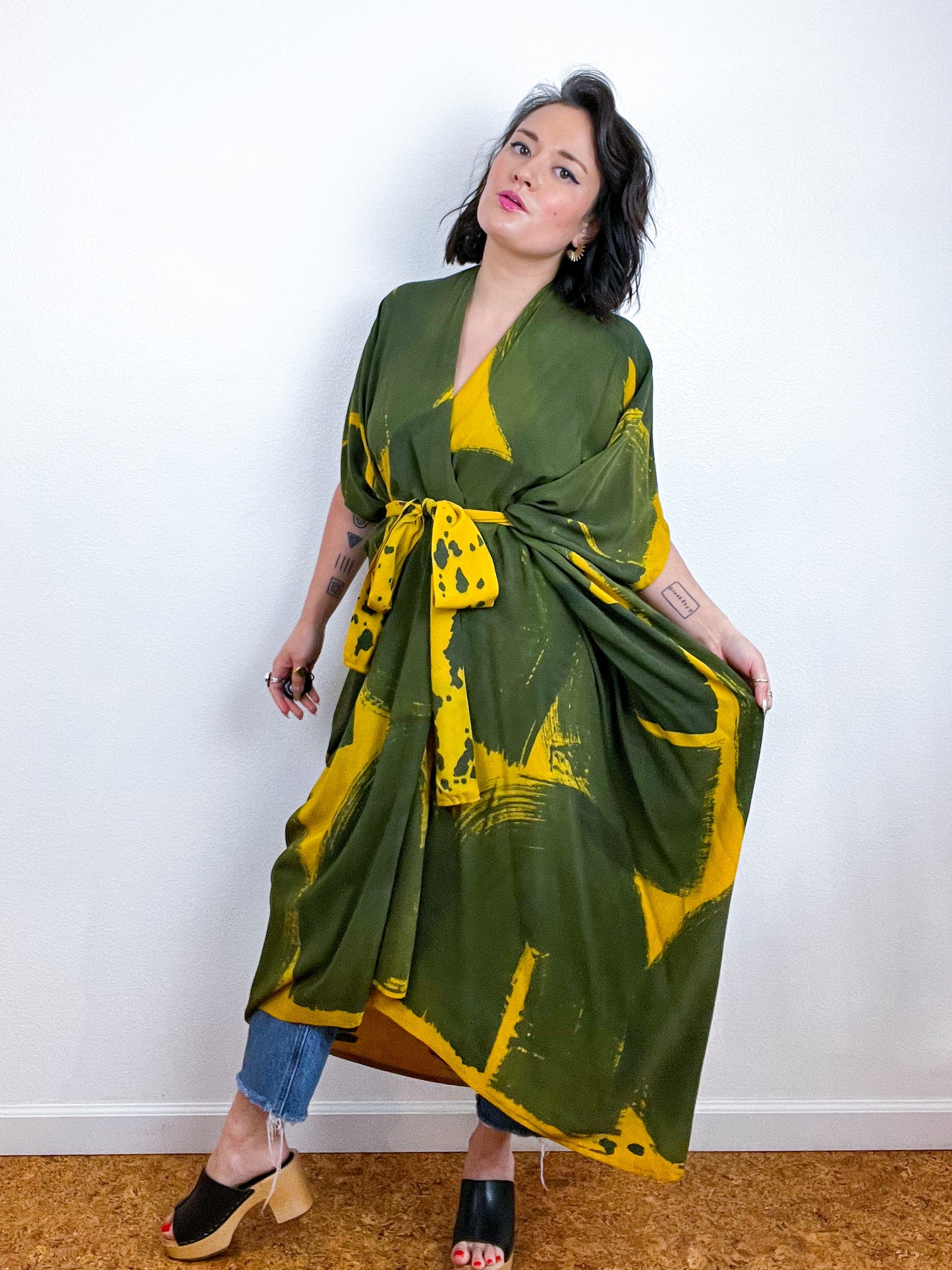 Hand-Dyed High Low Kimono Marigold Olive Brushstroke