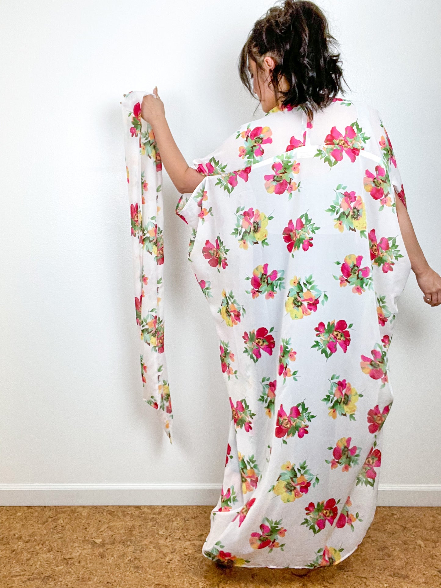 Print High Low Kimono White Floral Chiffon