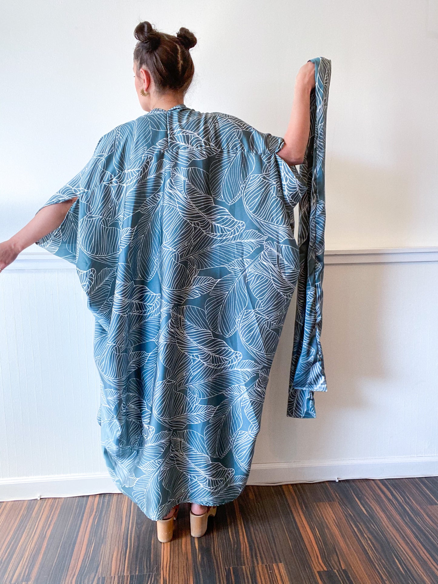 Print High Low Kimono Sage Leaf Charmeuse