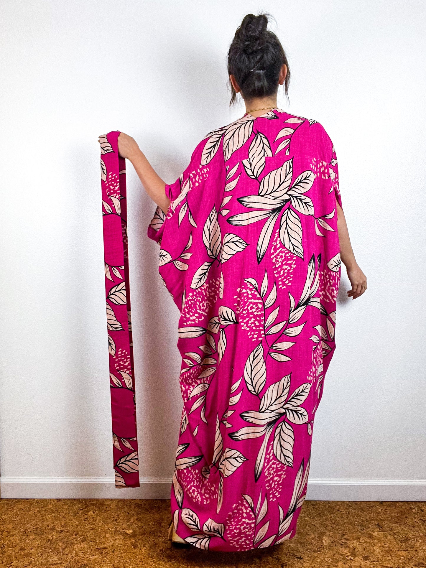 High Low Kimono Pink Tan Leaves Challis