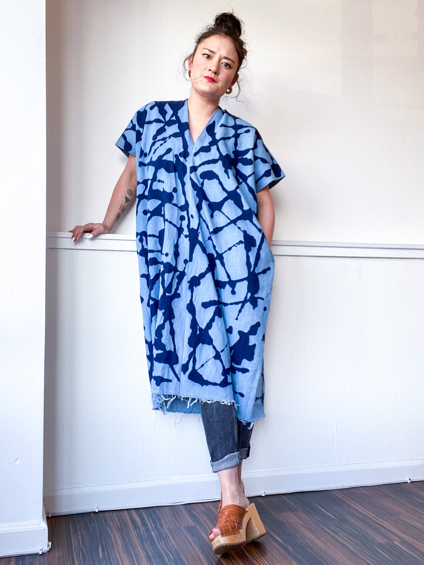 Denim Midi Smock Dress Indigo Lines Size Medium