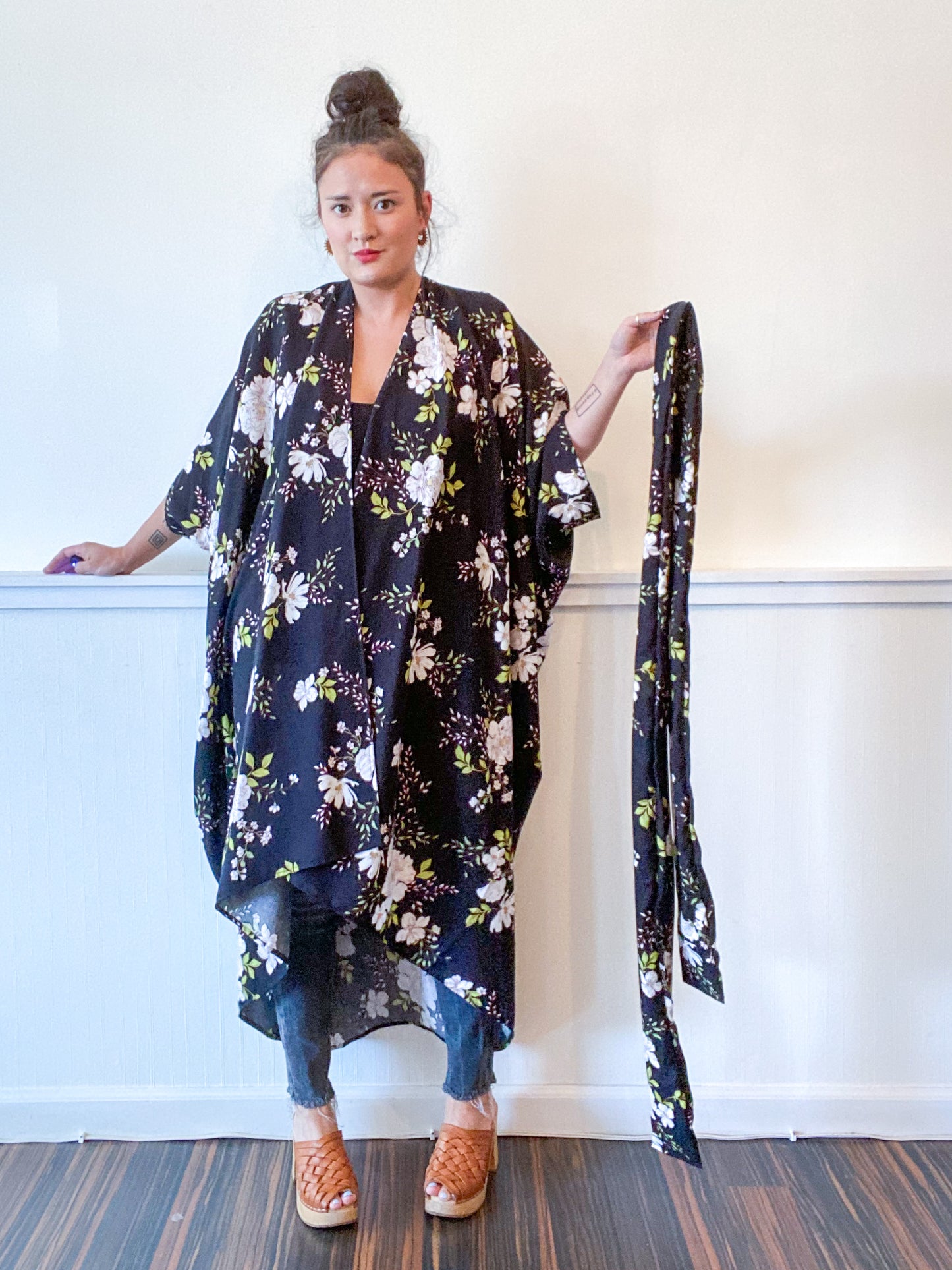 Print High Low Kimono Black Floral Rayon Challis