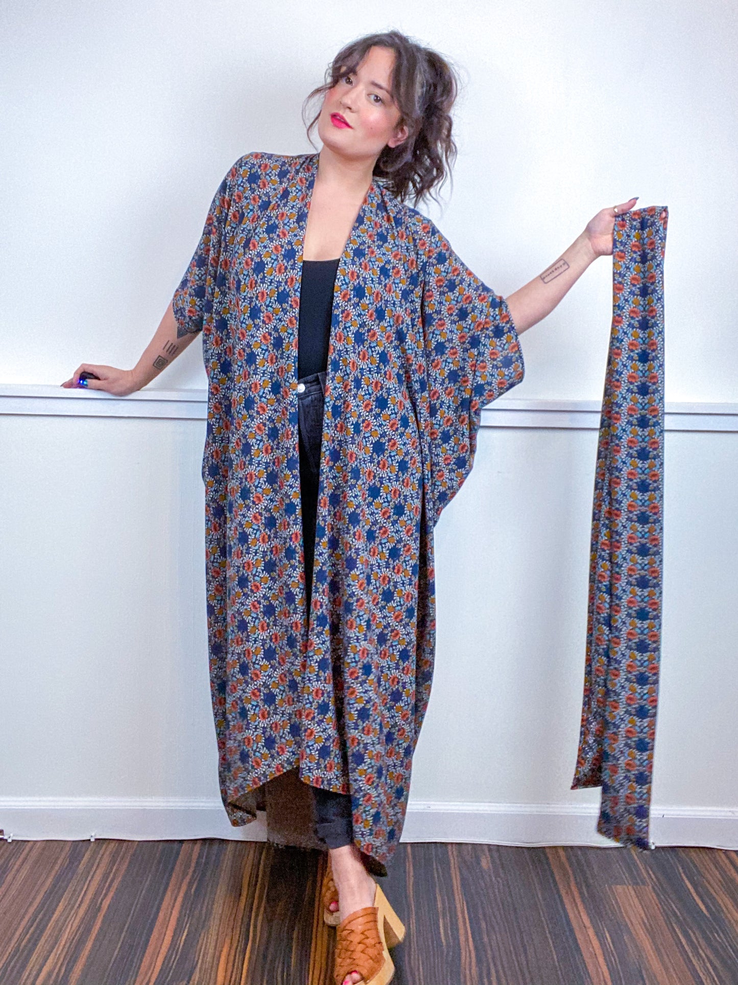 Print High Low Kimono Vintage Floral Bubble Crepe