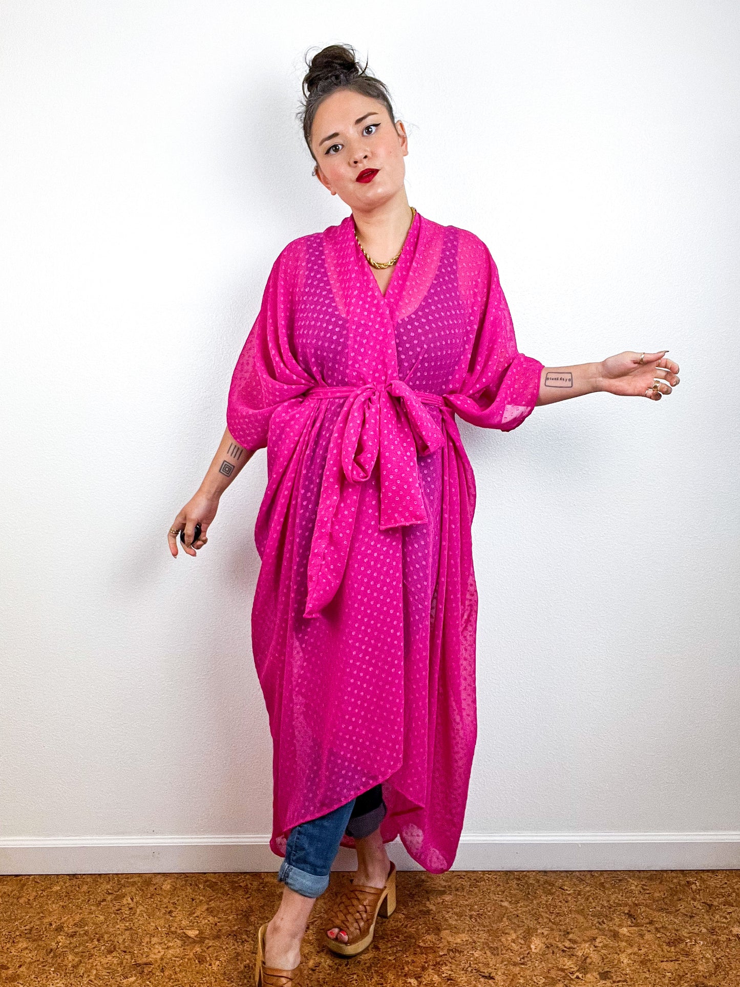 Solid High Low Kimono Fuchsia Swiss Dot Chiffon