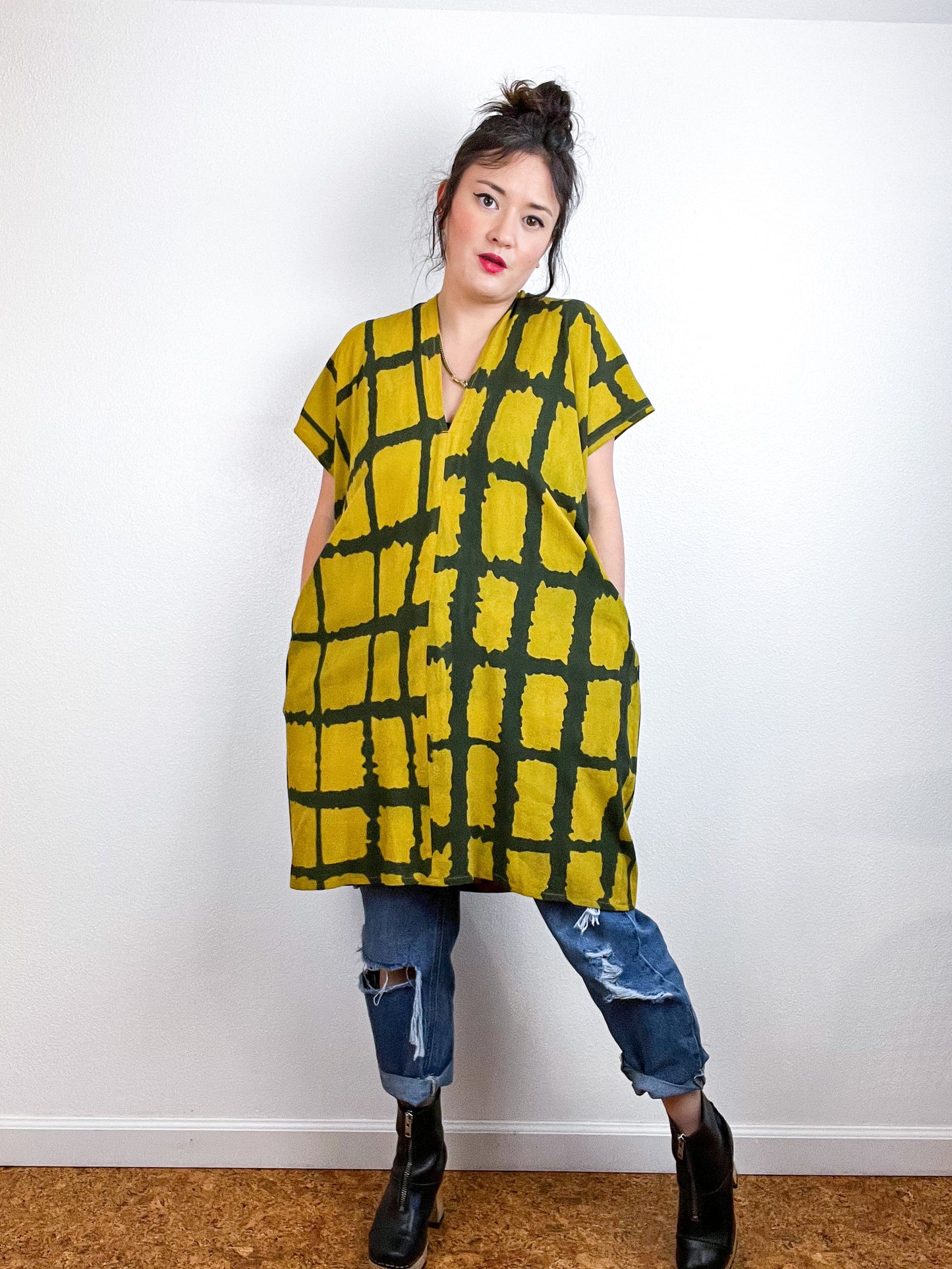 Hand-Dyed Mini Smock Dress Marigold Black Windowpane