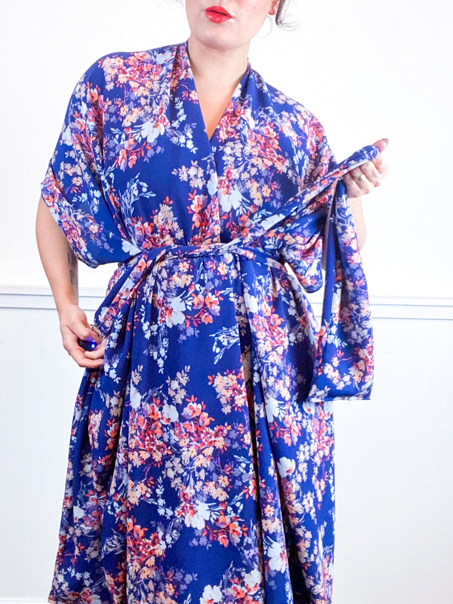 Print High Low Kimono Navy Wildflower Bubble Crepe