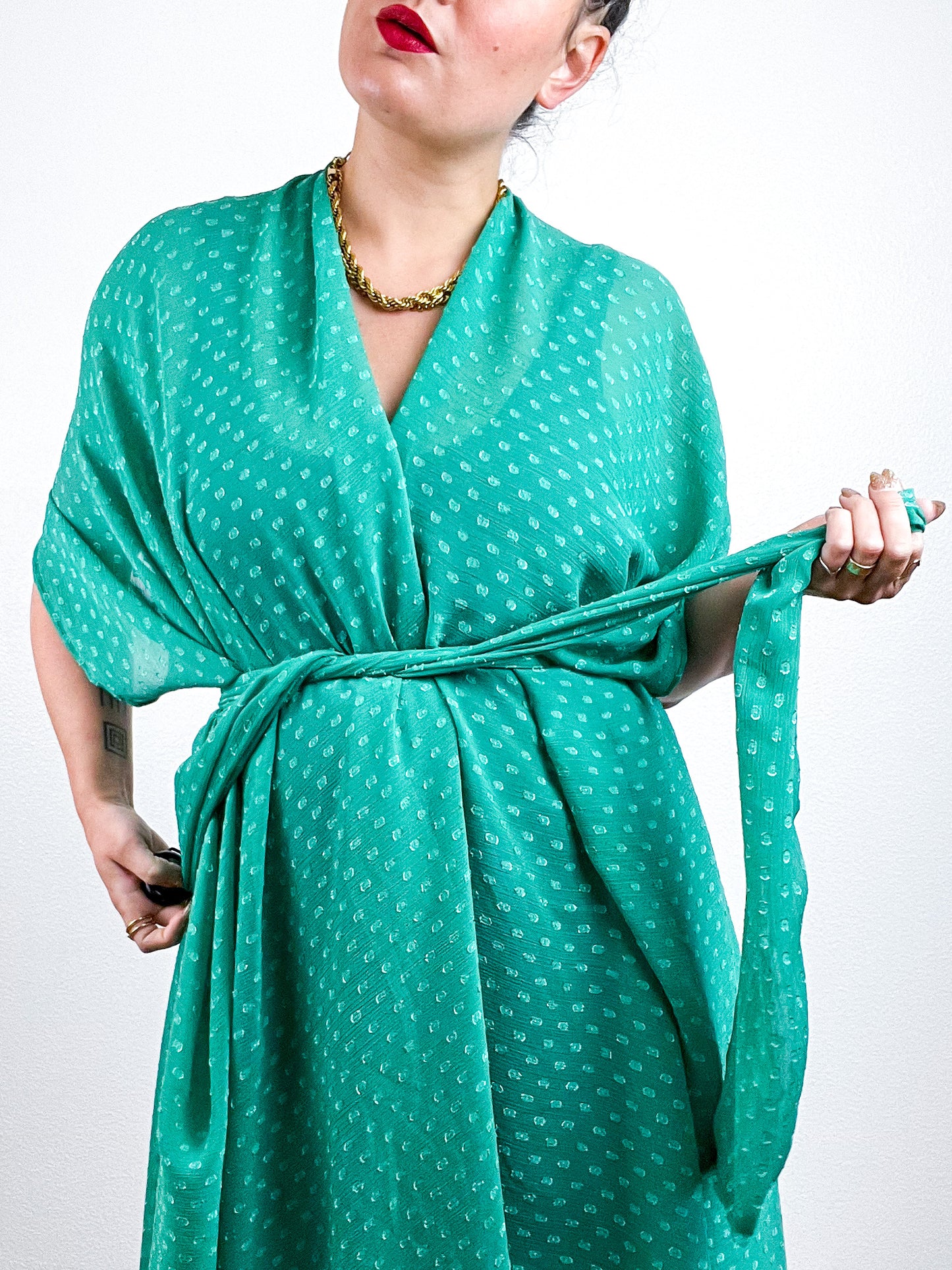 Print High Low Kimono Kelly Green Swiss Dot Chiffon