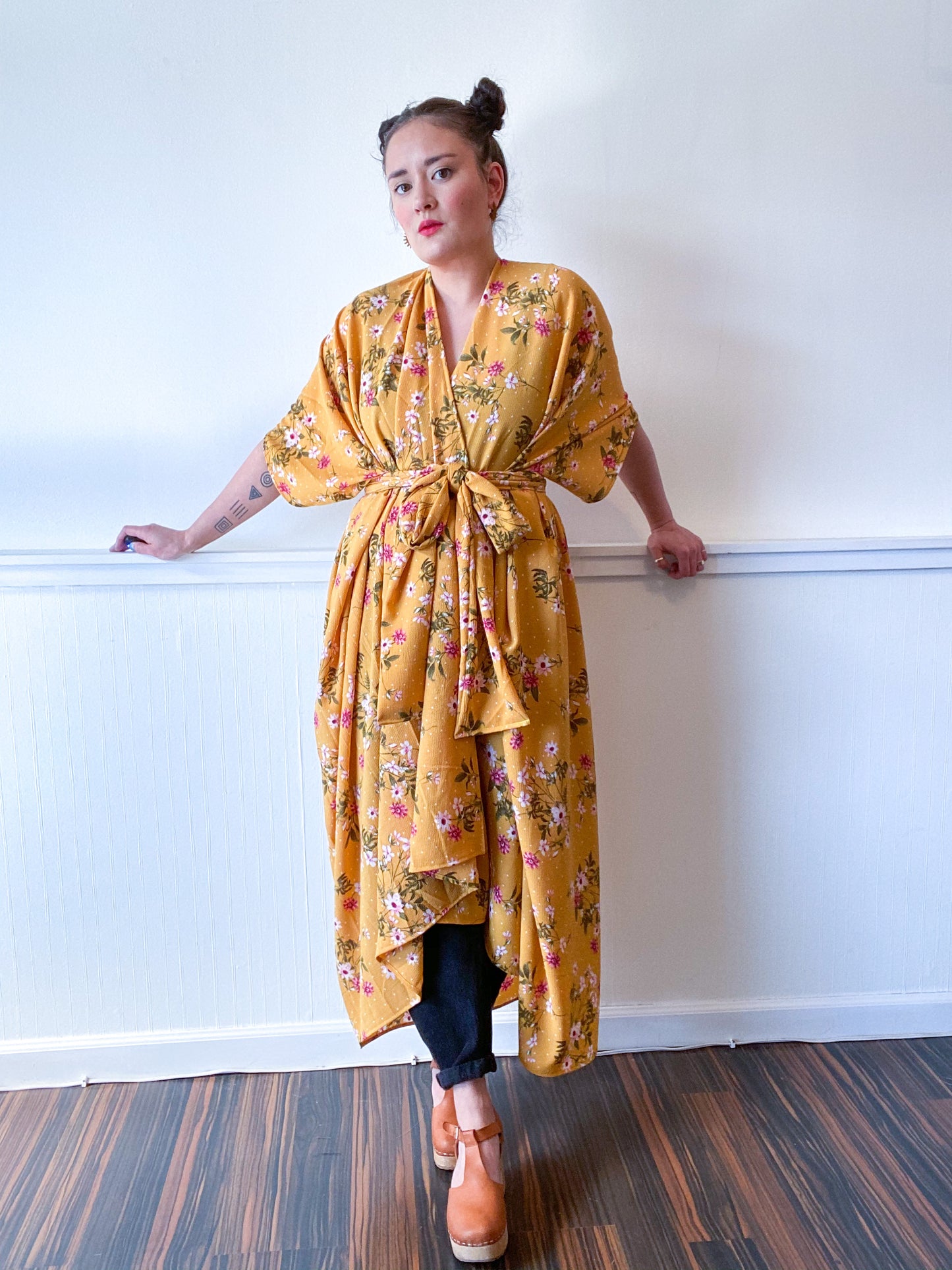 High Low Kimono Mustard Mini Floral Bubble Crepe