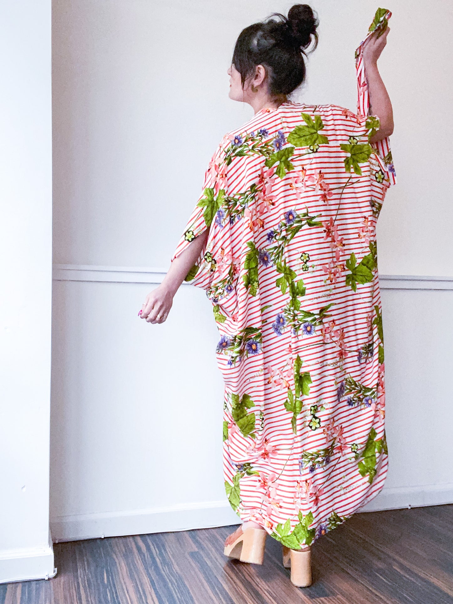 Print High Low Kimono Red Stripe Wildflowers Rayon Challis