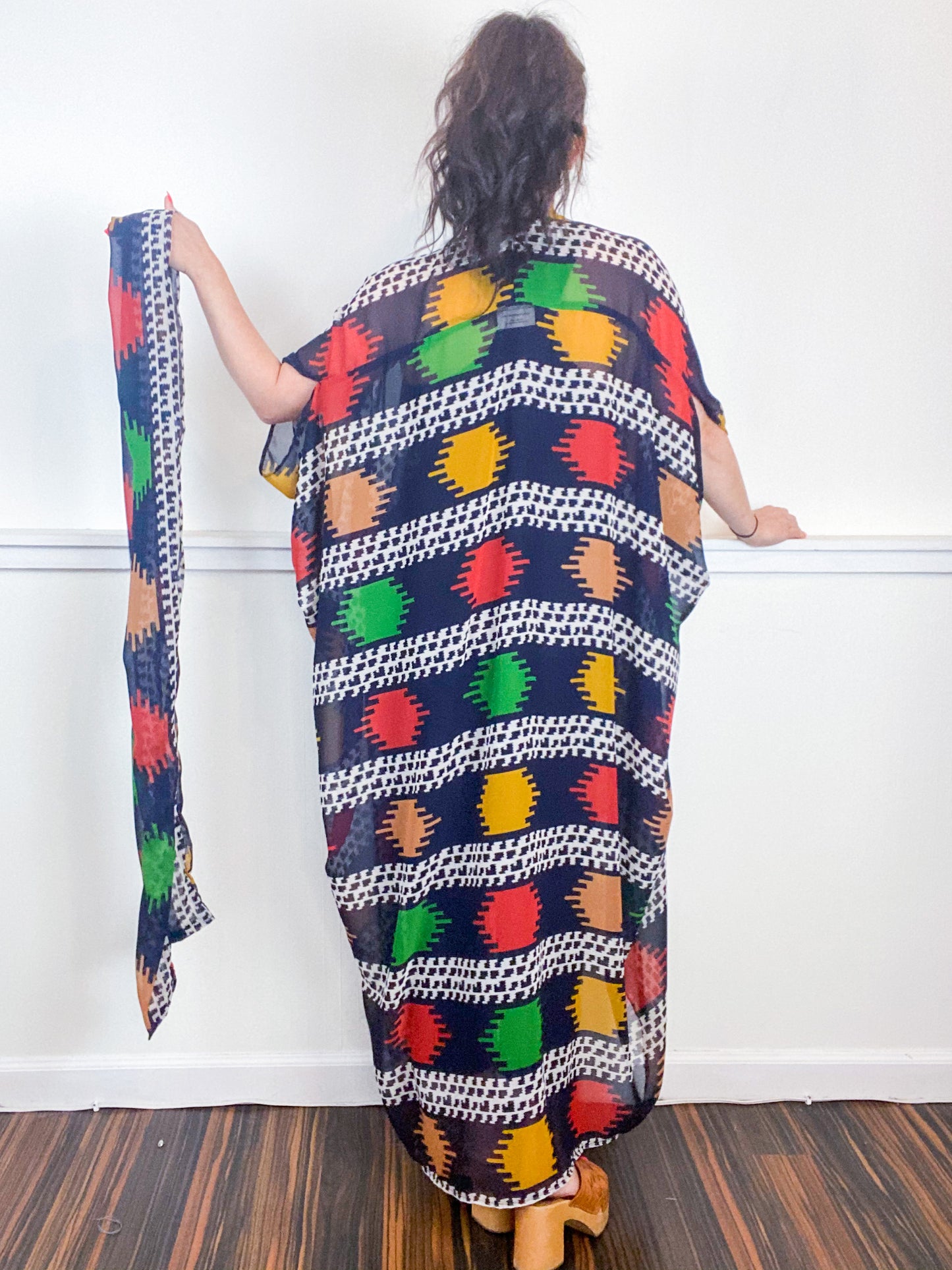 Print High Low Kimono Navy Southwest Chiffon