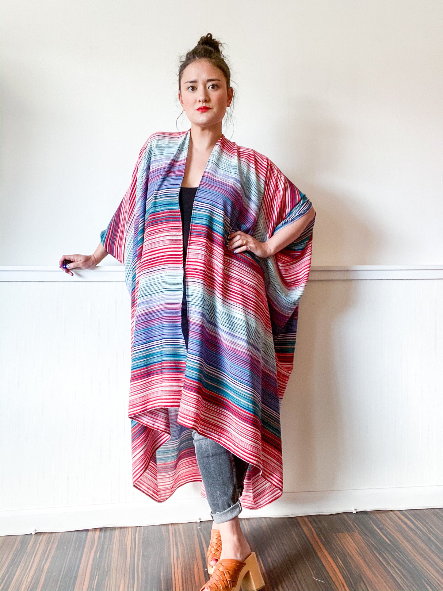 Print High Low Kimono Red Aqua Stripes Crinkle Rayon