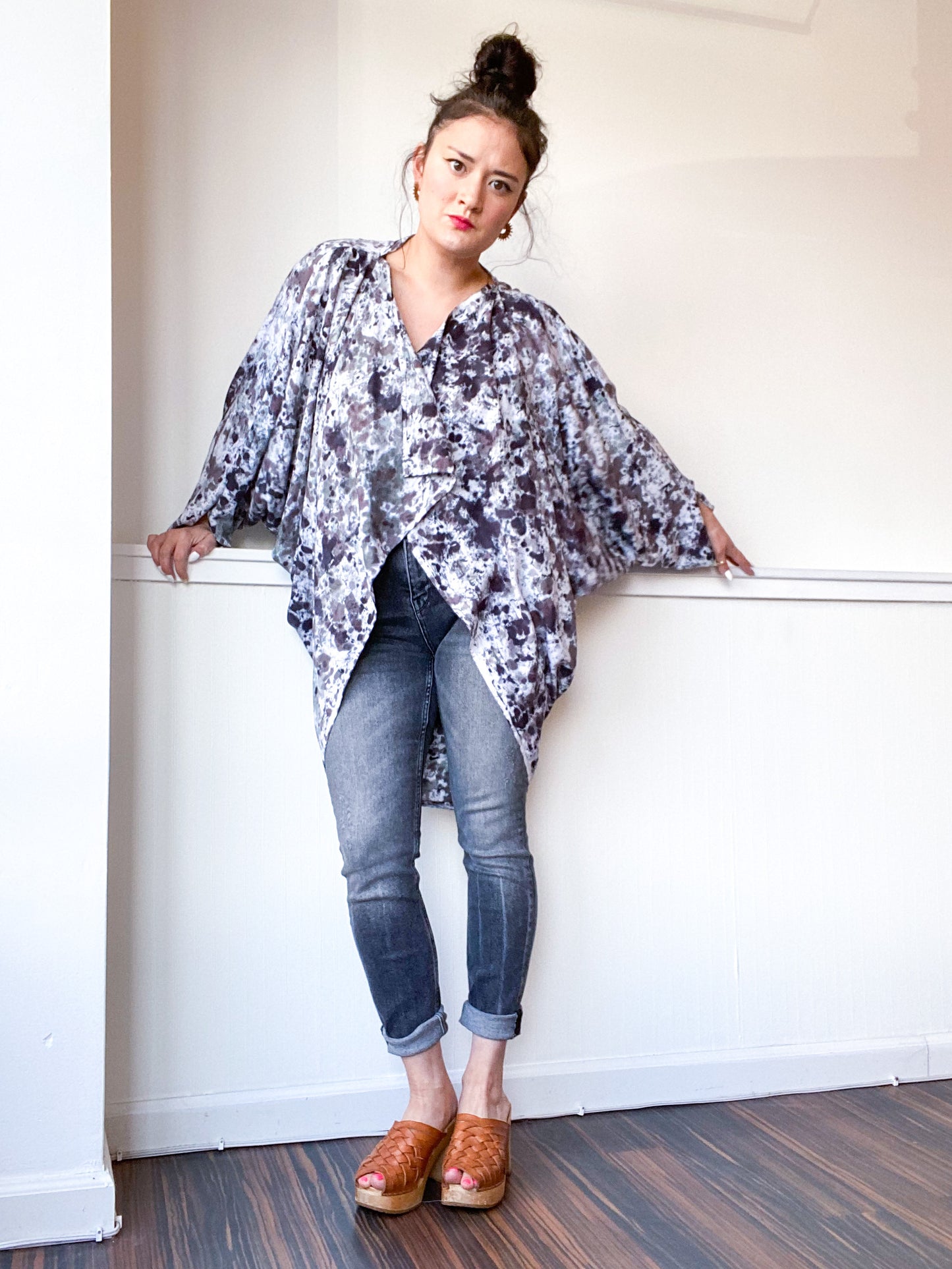 Hand-Dyed Waterfall Kimono Speckle Black Grey