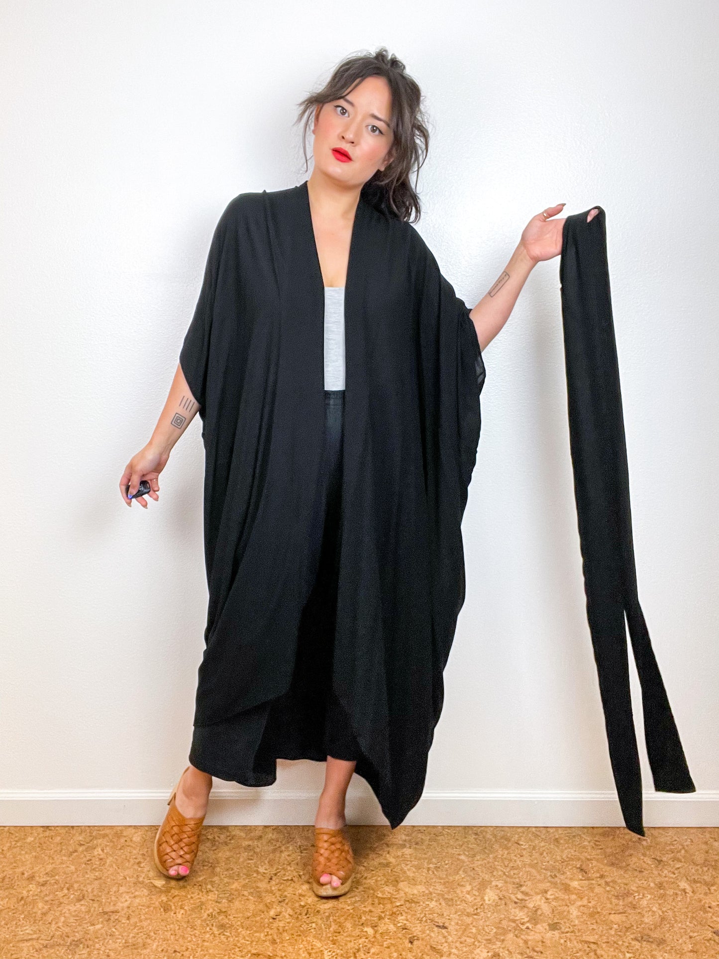 Solid High Low Kimono Black Rayon Gauze