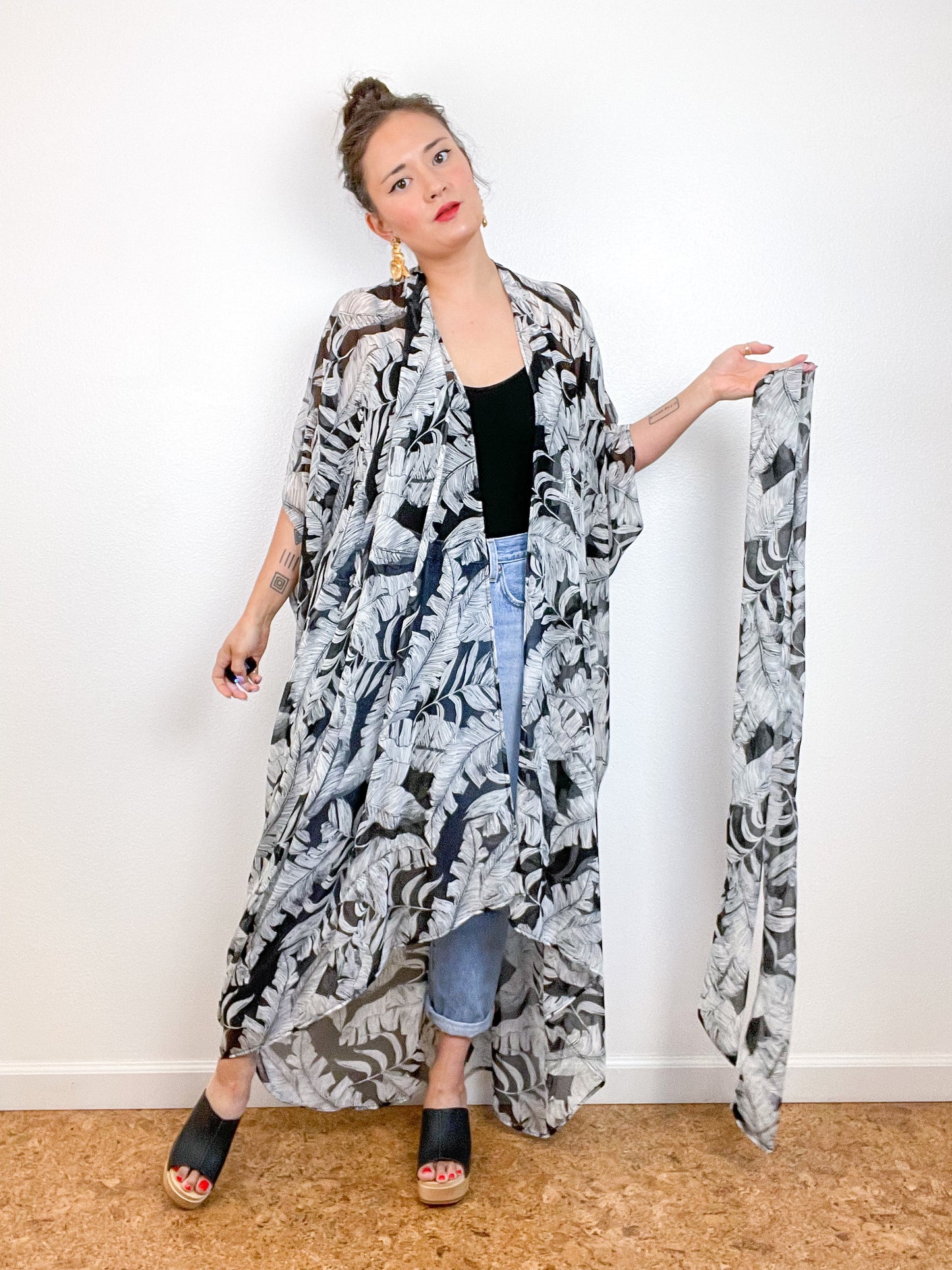 Print High Low Kimono Black Tropical Palms Chiffon