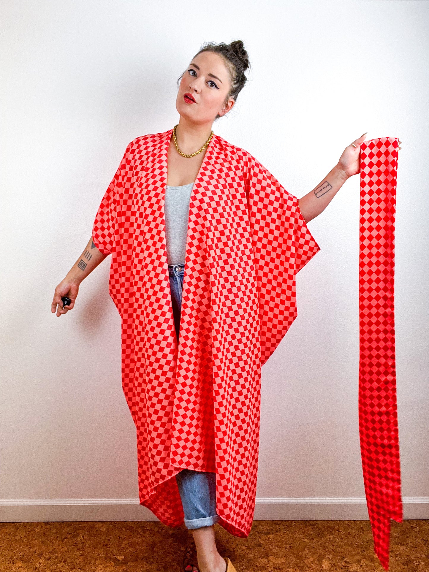 Print High Low Kimono Neon Checker Crepe de Chine