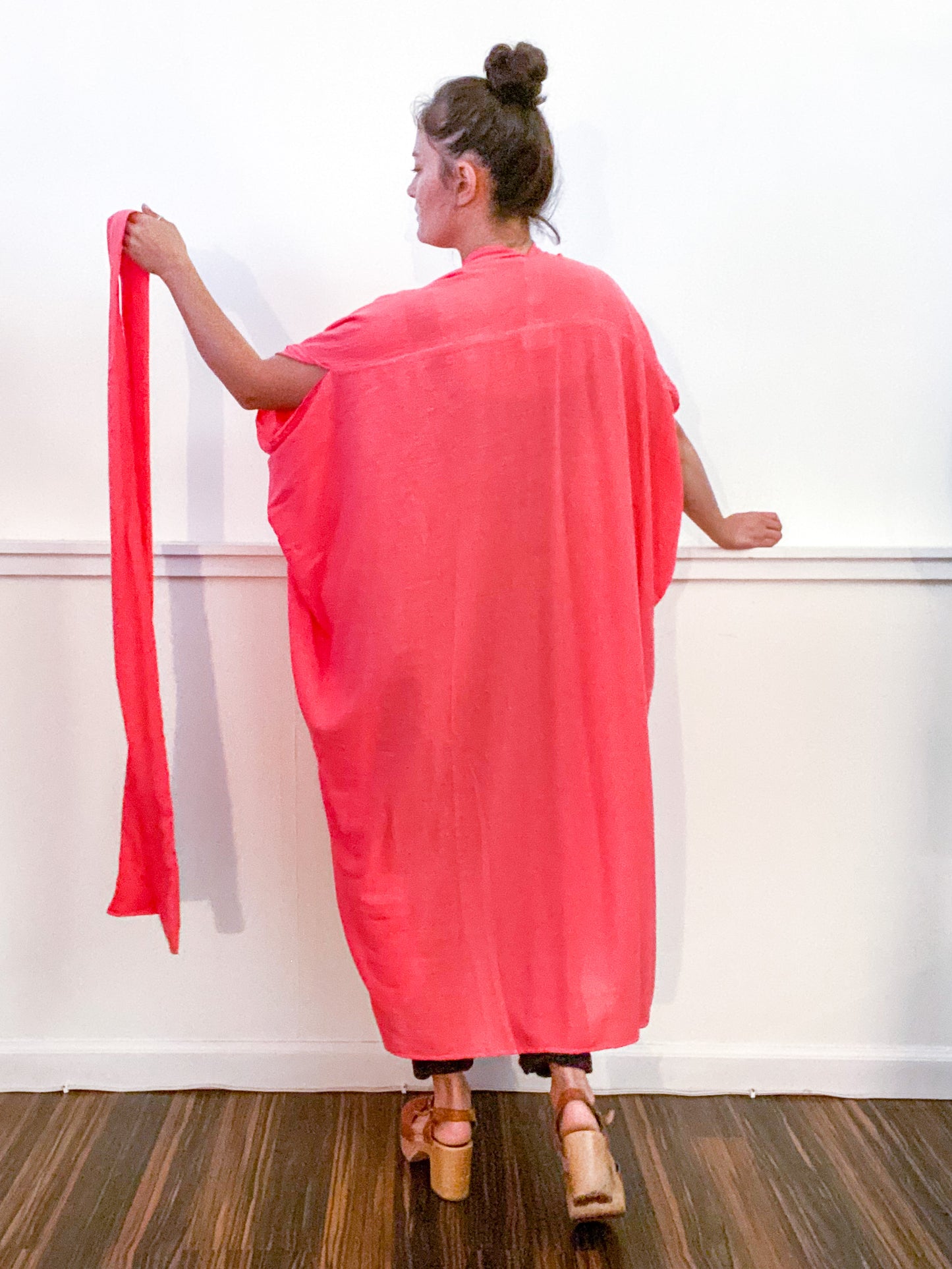 Solid High Low Kimono Coral Cotton Gauze