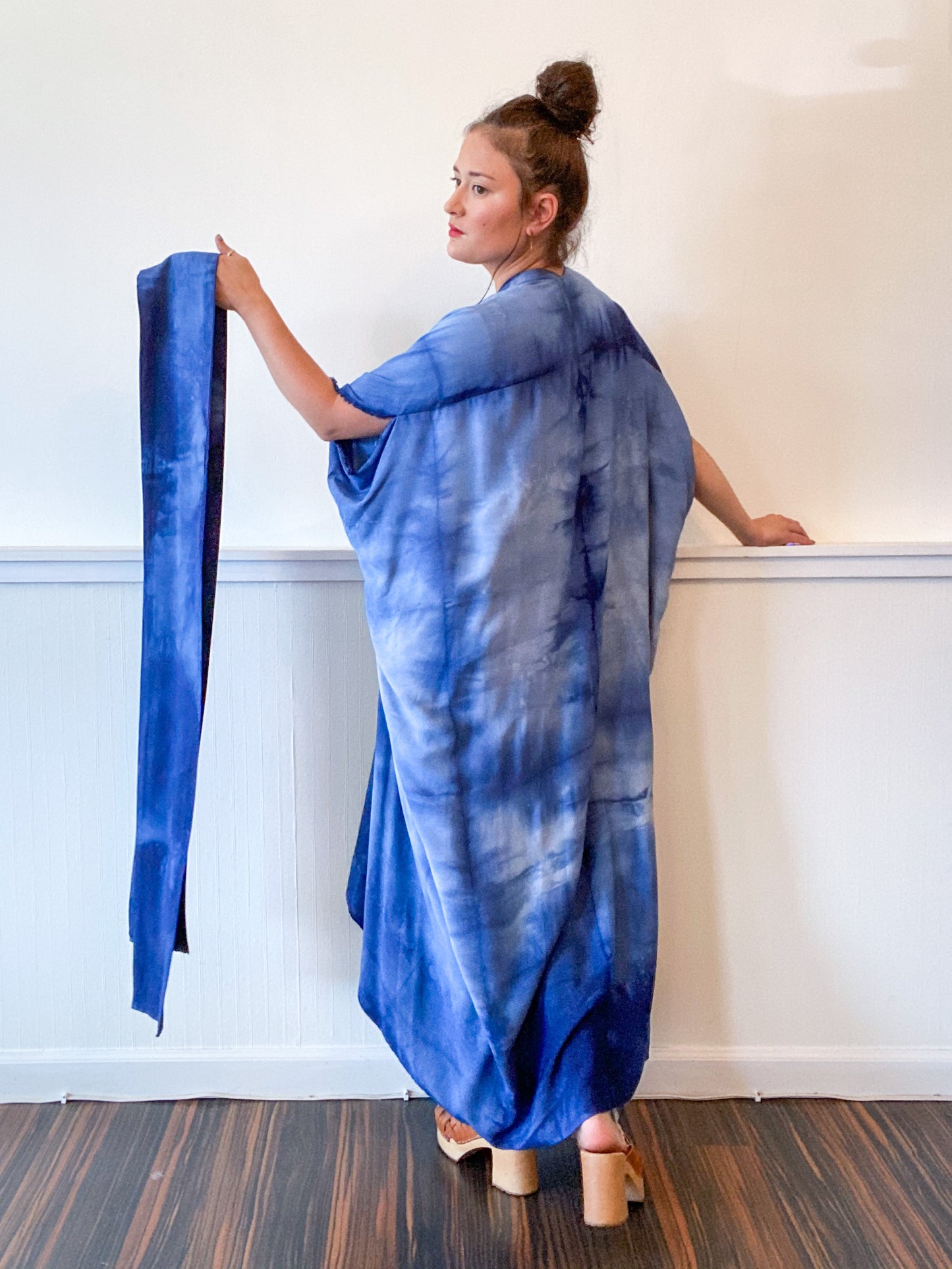 Hand-Dyed High Low Kimono Soft Blue Lines