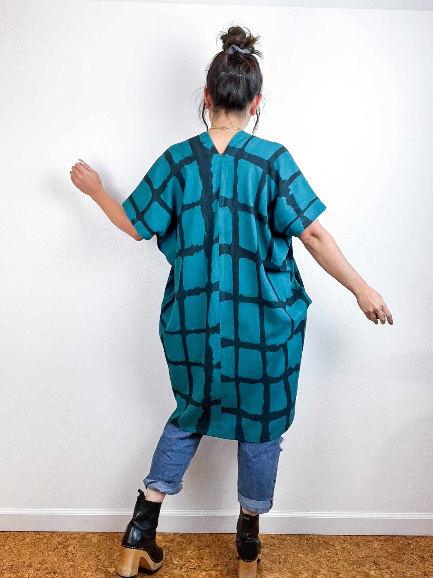 Hand-Dyed Mini Smock Dress Teal Black Windowpane