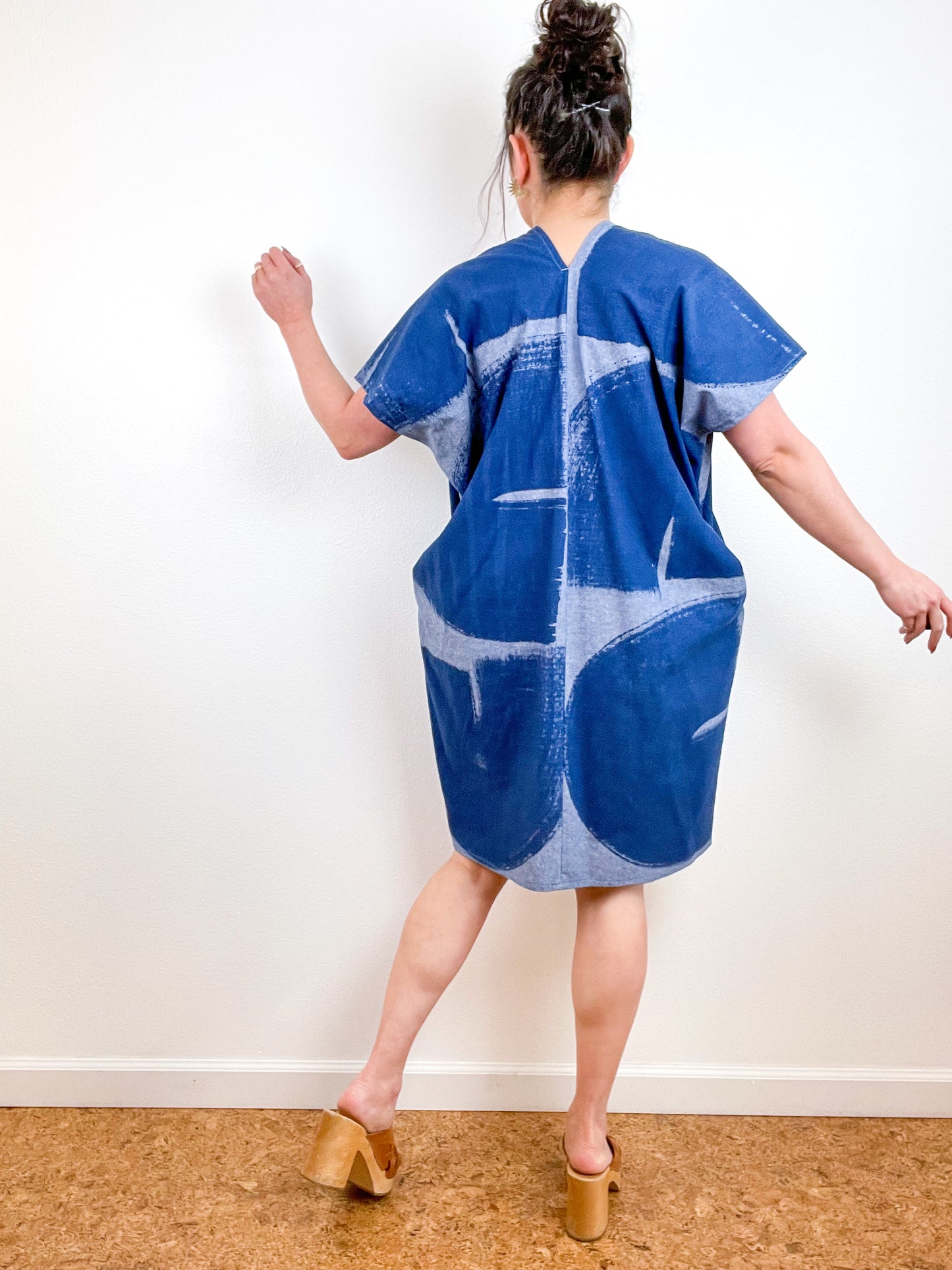 Chambray Smock Dress Hand-Dyed Indigo Brushstrokes