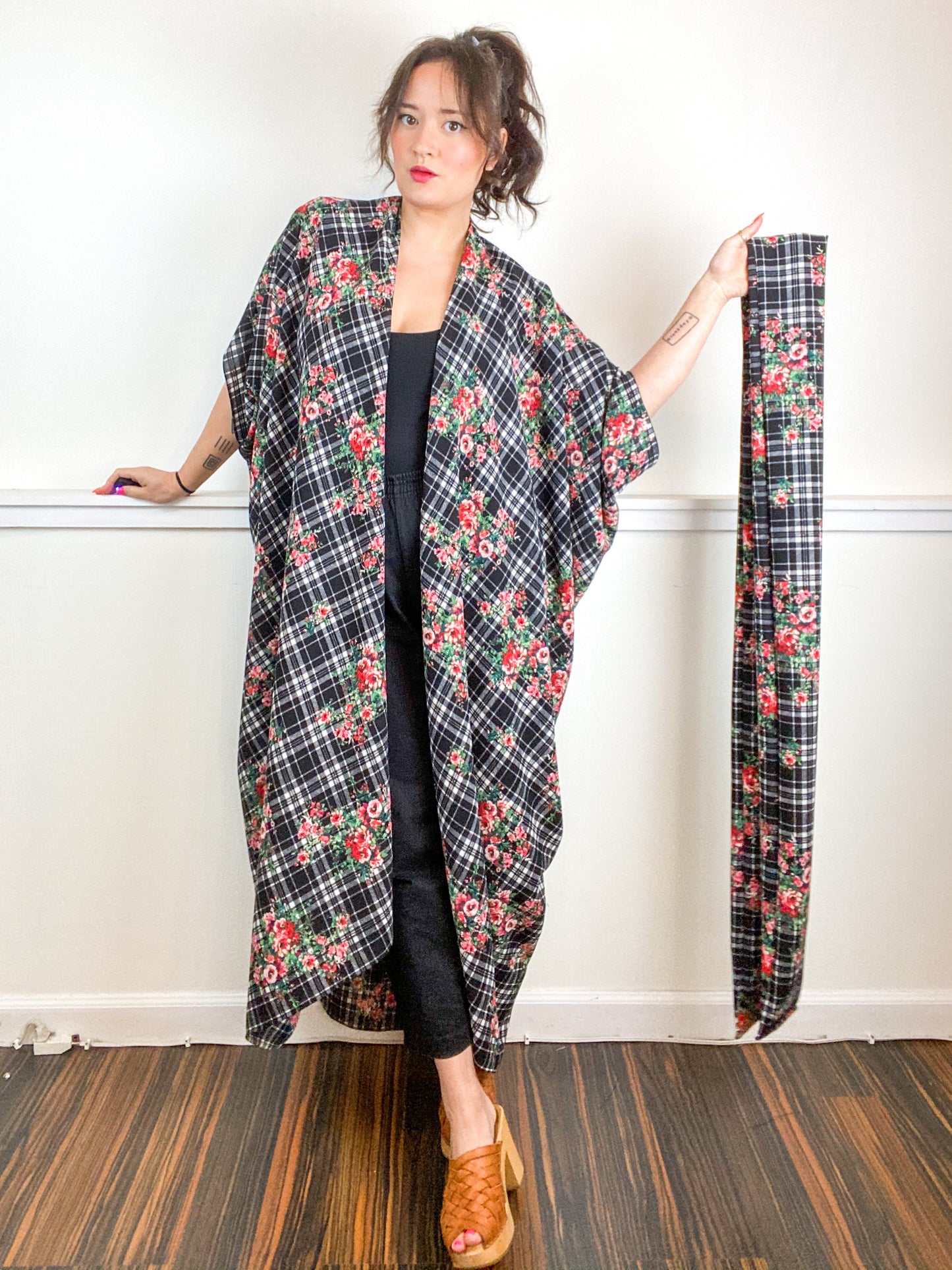 Print High Low Kimono Floral Plaid Bubble Crepe