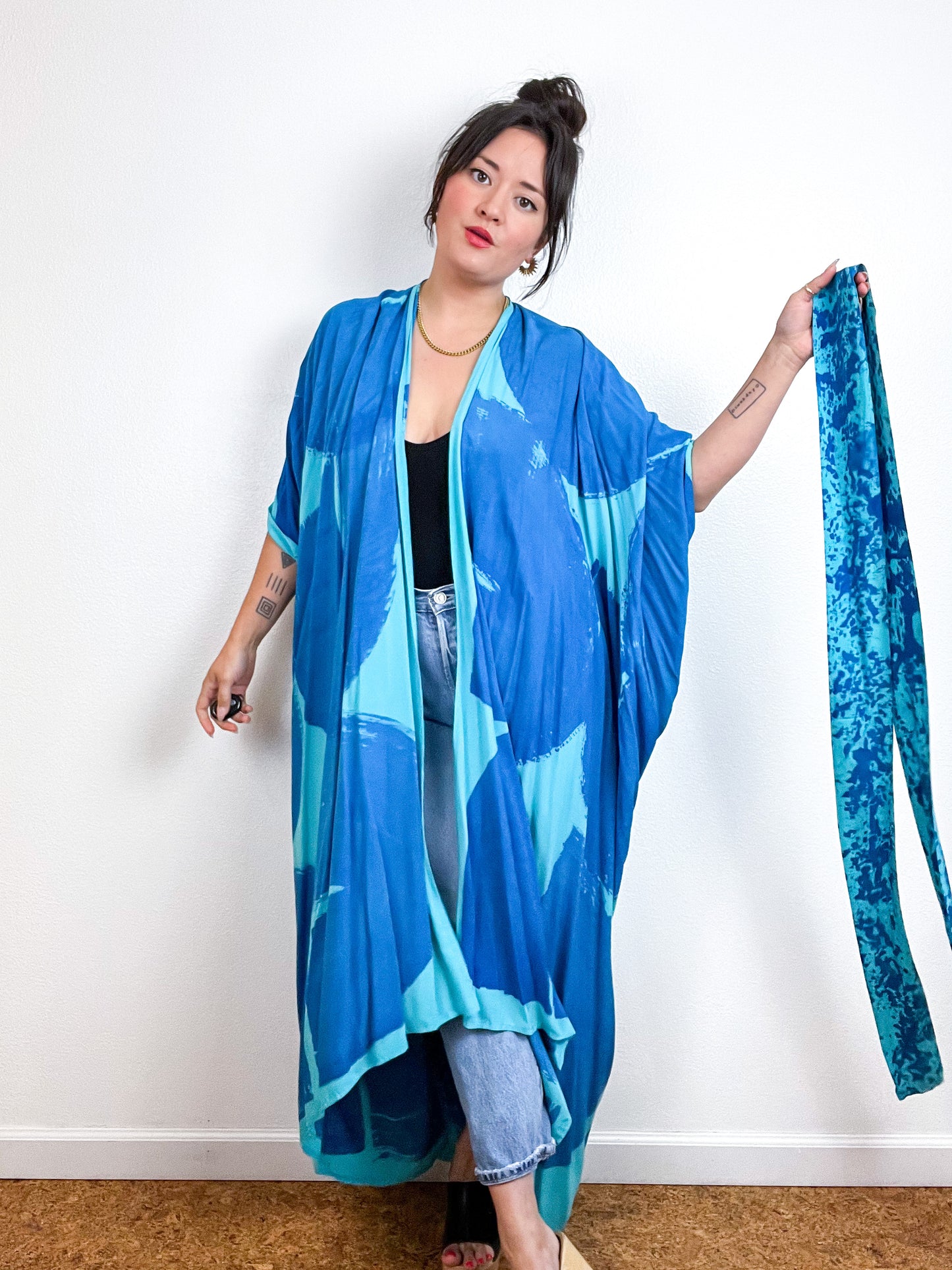 Hand-Dyed High Low Kimono Aqua Blue Brushstroke