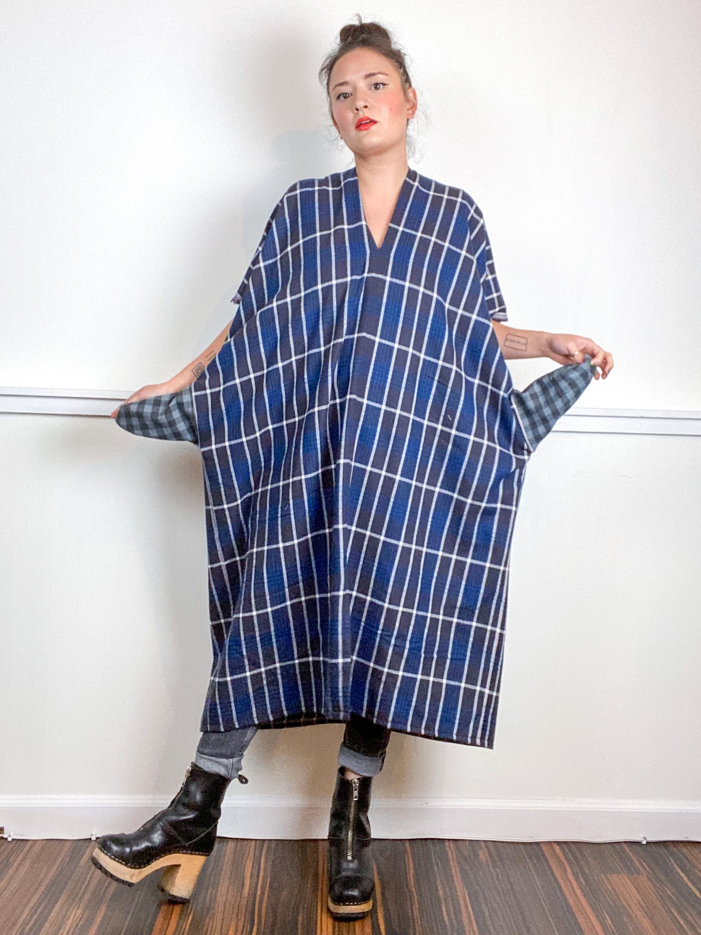 Plaid Smock Dress Charcoal Blue Midi