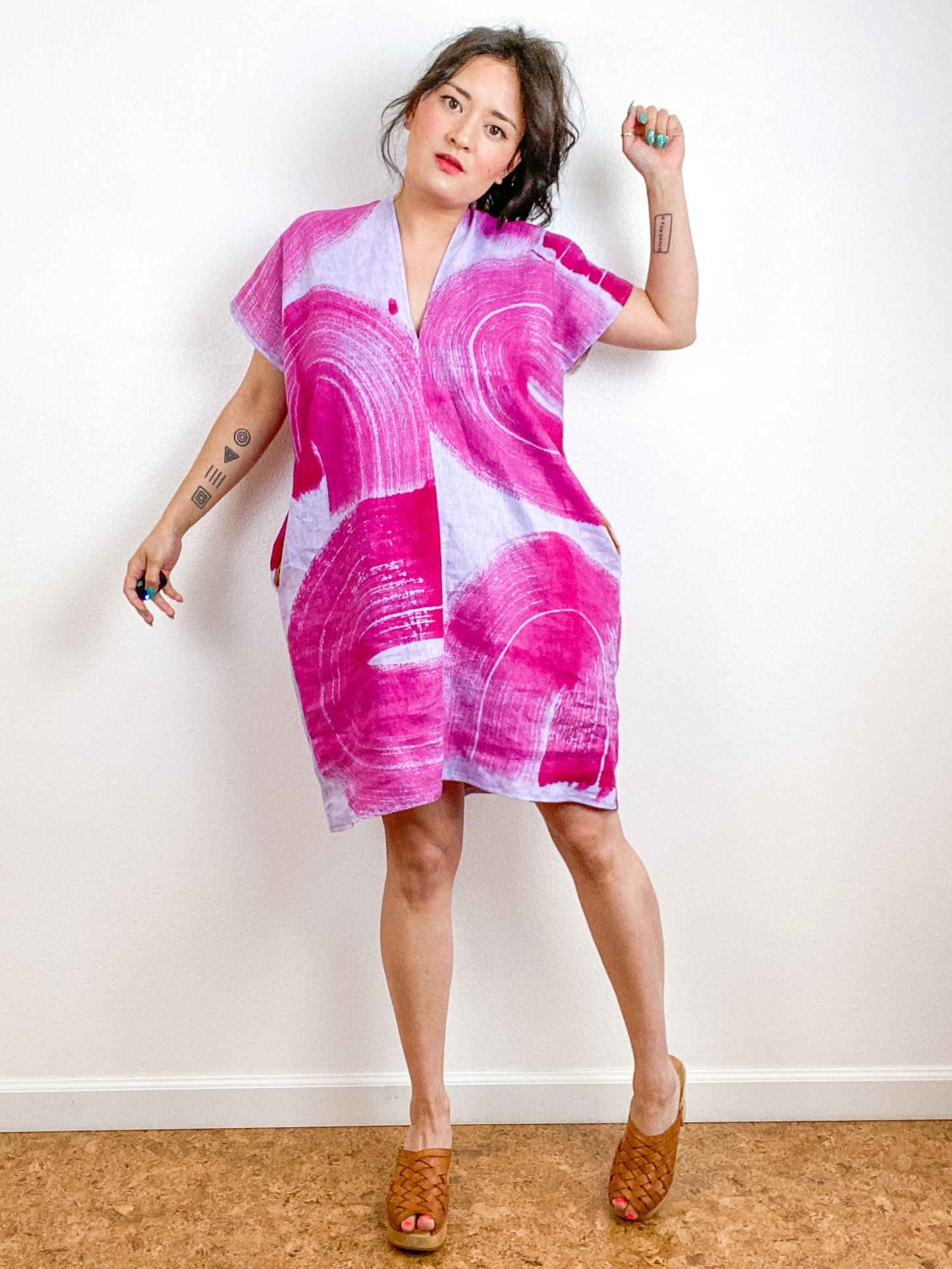 Hand-Dyed Linen Smock Dress Lilac Fuchsia Brushstrokes