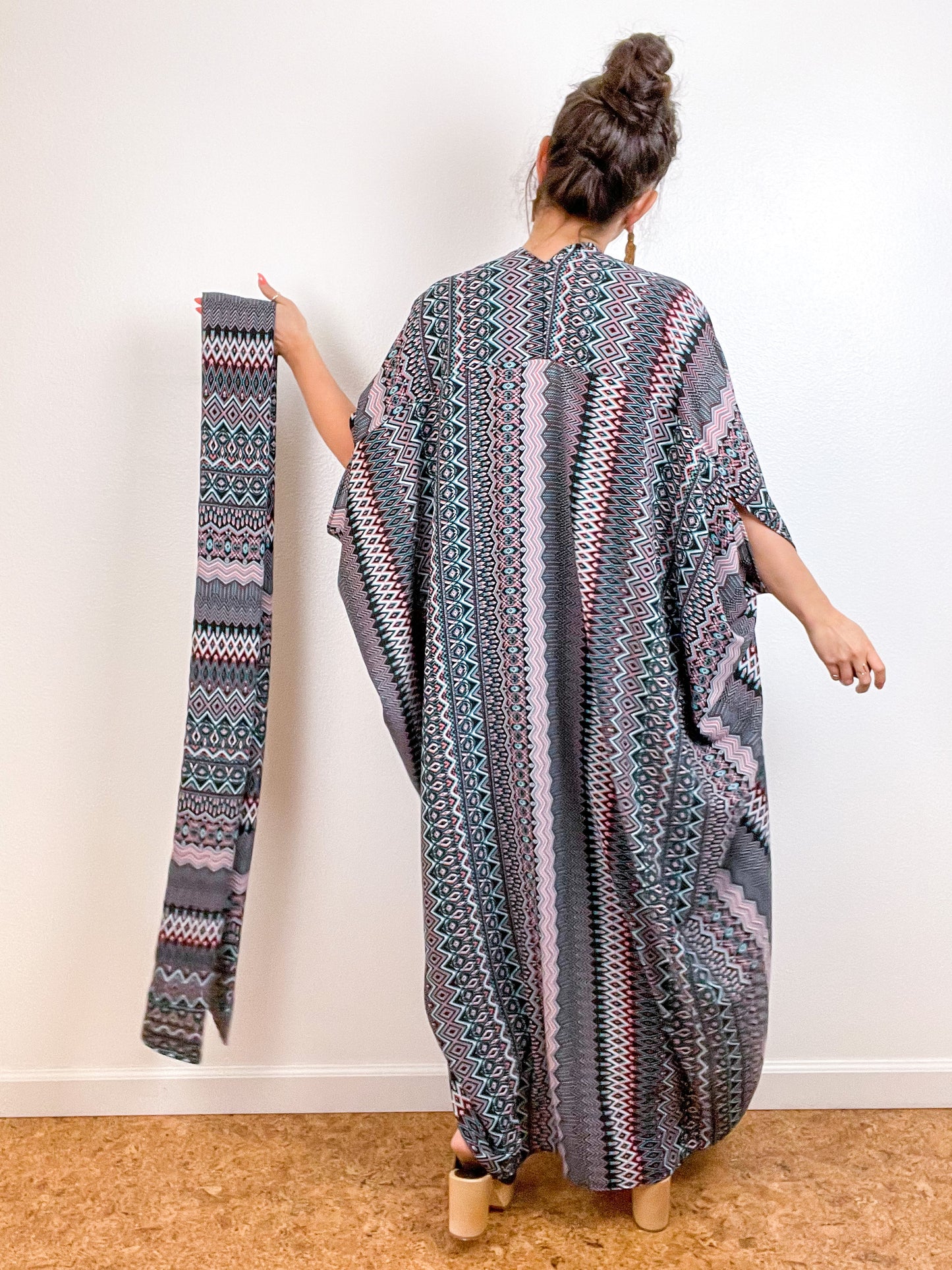 Print High Low Kimono Peach Black Ziggy Crepe