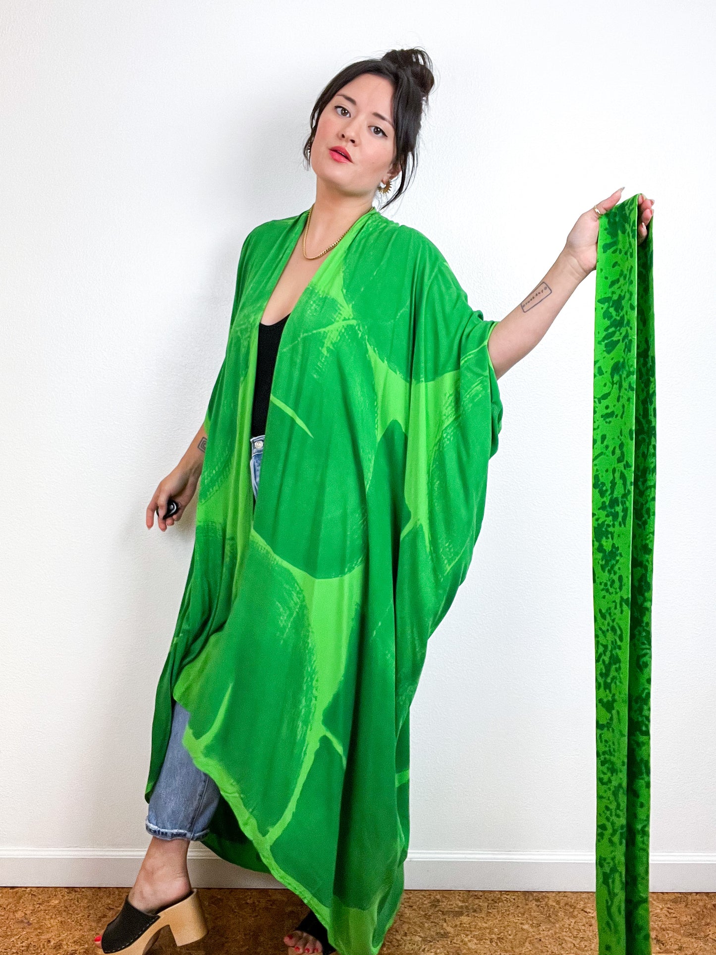Hand-Dyed High Low Kimono Double Green Arc