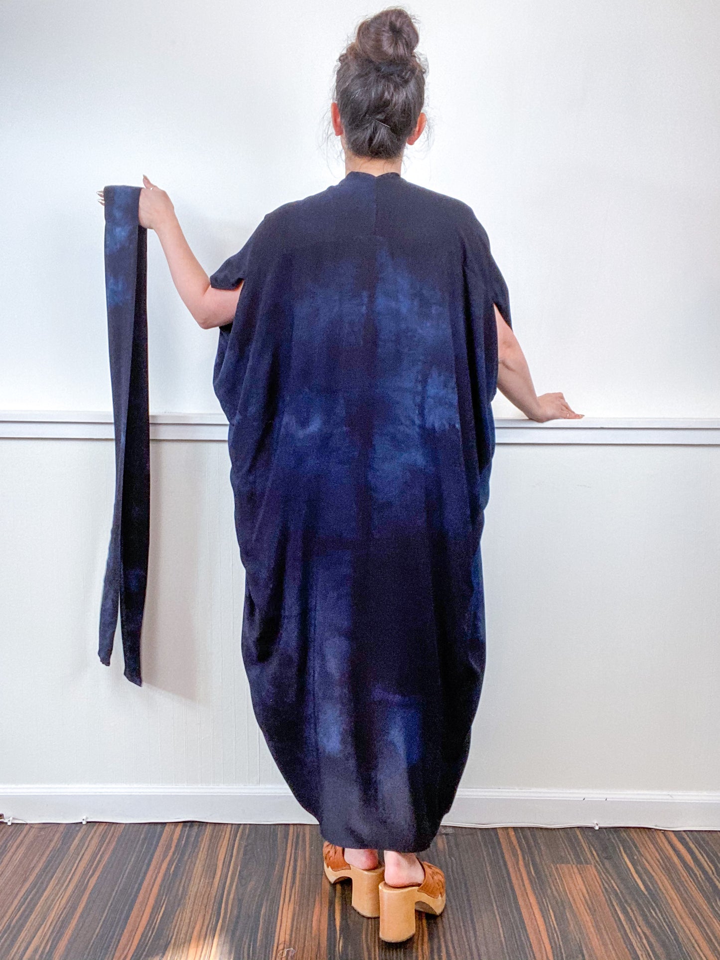 Hand-Dyed High Low Kimono Almost Solid Cool Black