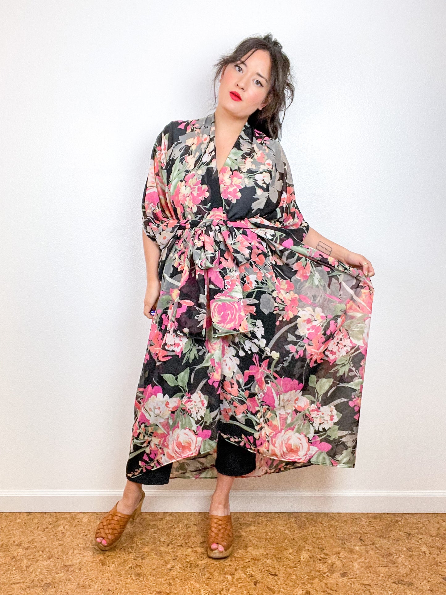 Print High Low Kimono Black Peach Floral Chiffon