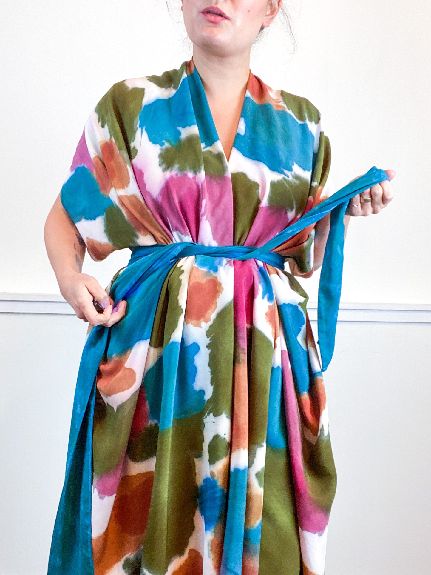 OOAK Hand-Dyed High Low Kimono Teal Terracotta Maroon Moss Inkblot