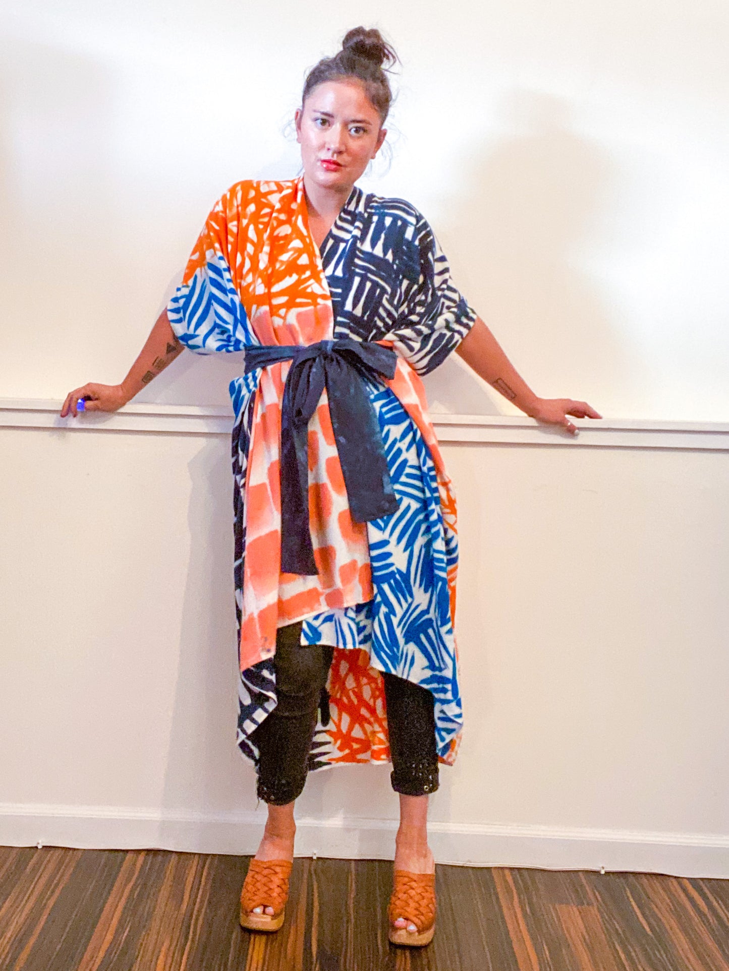 Limited Edition Hand-Dyed High Low Kimono Teal Cerulean Coral Orange