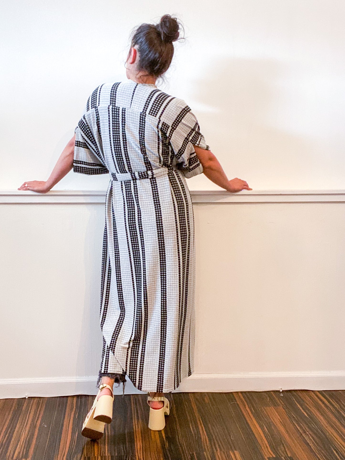 Print High Low Kimono Textured Stripe Jacquard Knit