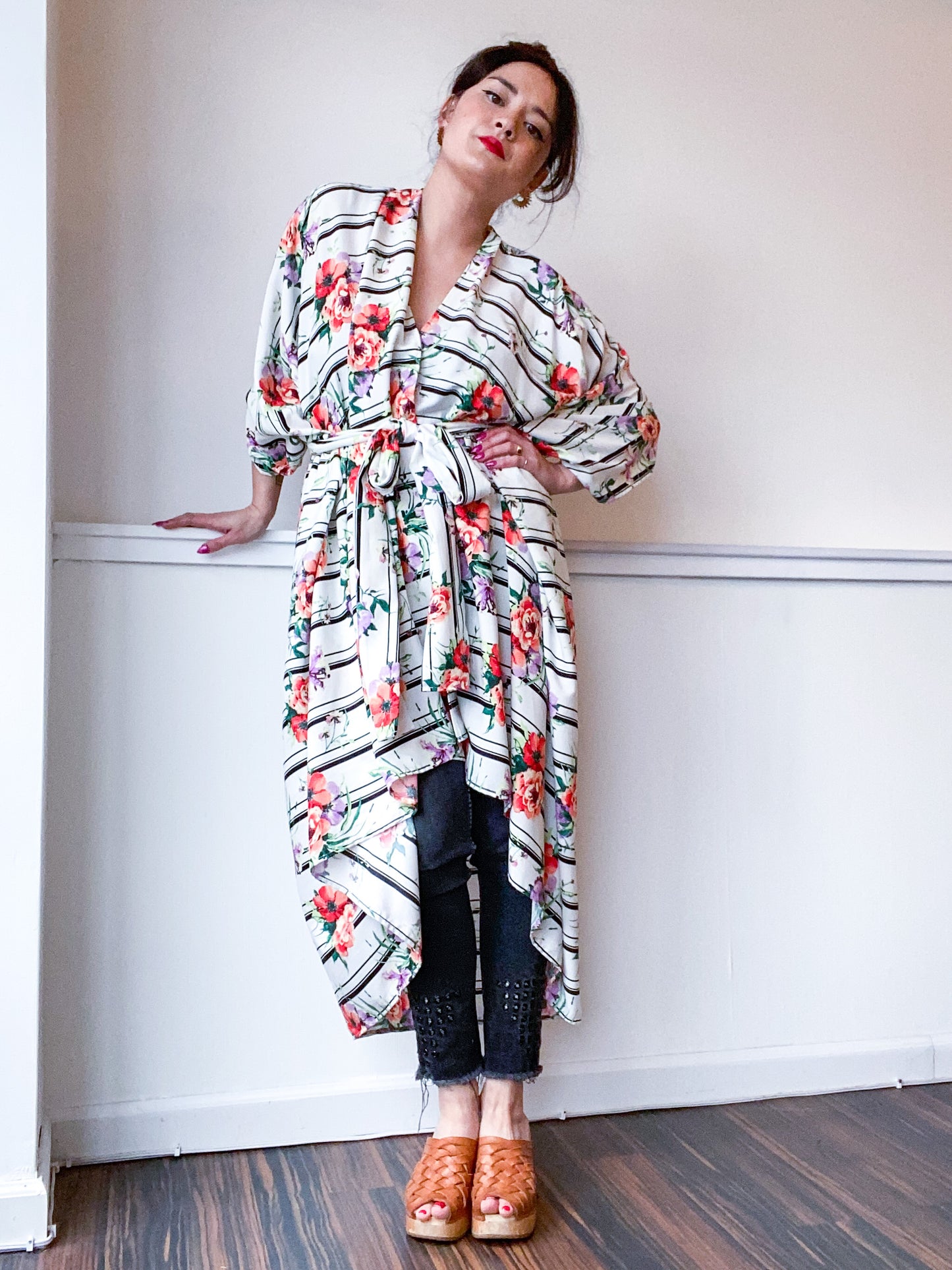 Print High Low Kimono Rose Stripes