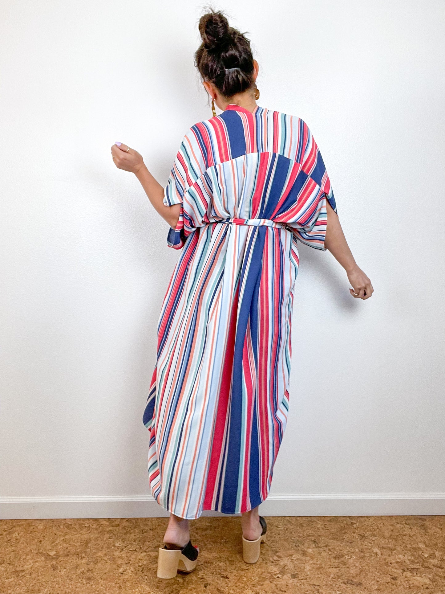 Print High Low Kimono Pastel Stripes Rayon Crepe