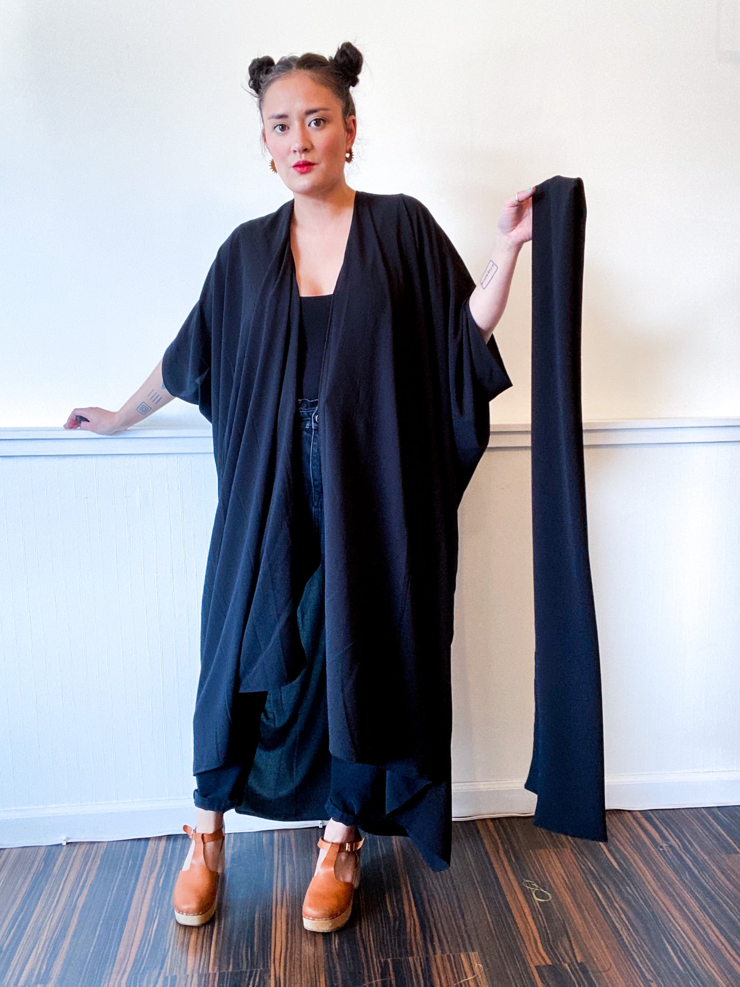 Solid High Low Kimono Black Crepe De Chine