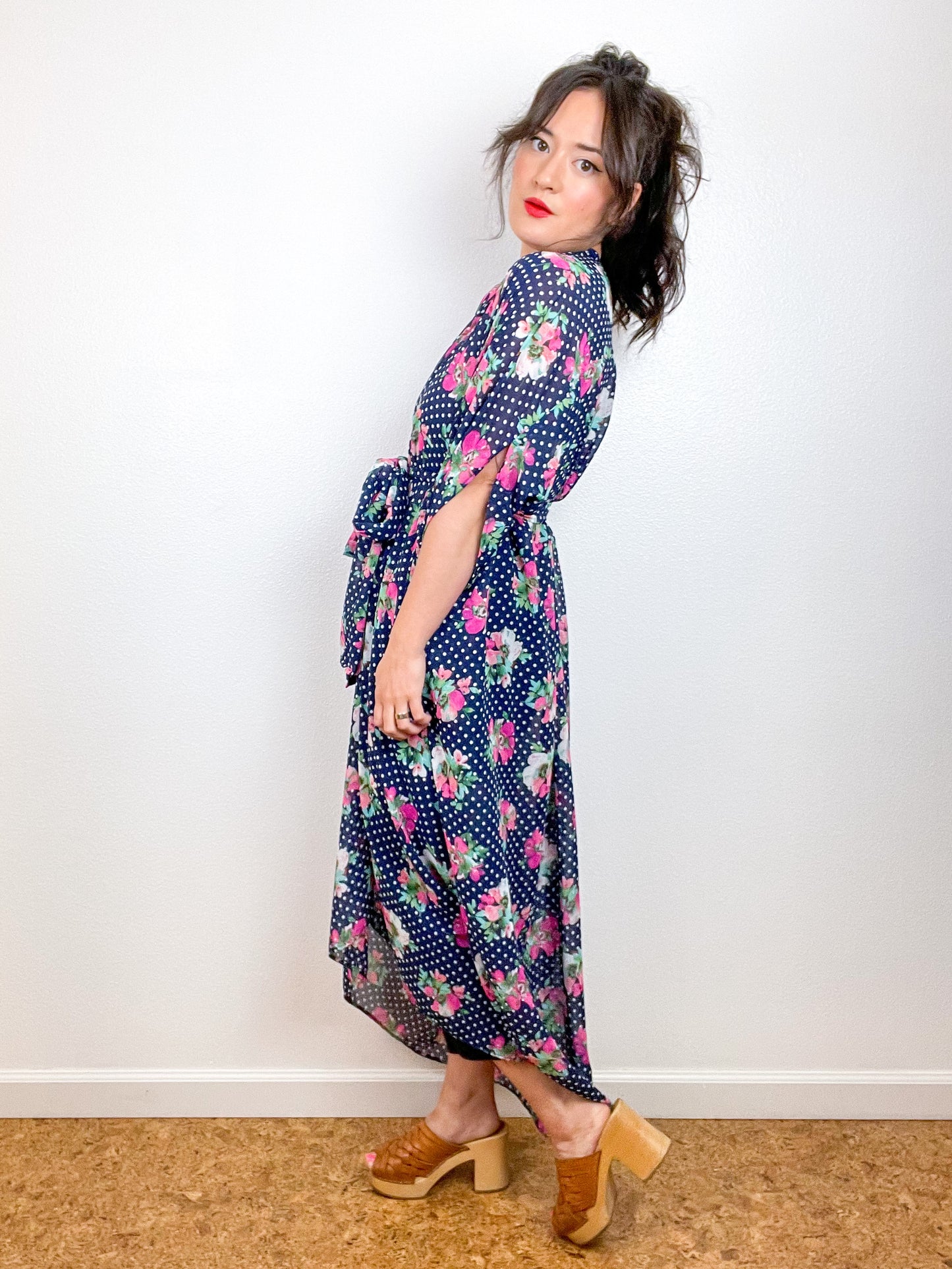 Print High Low Kimono Navy Floral Dots Chiffon