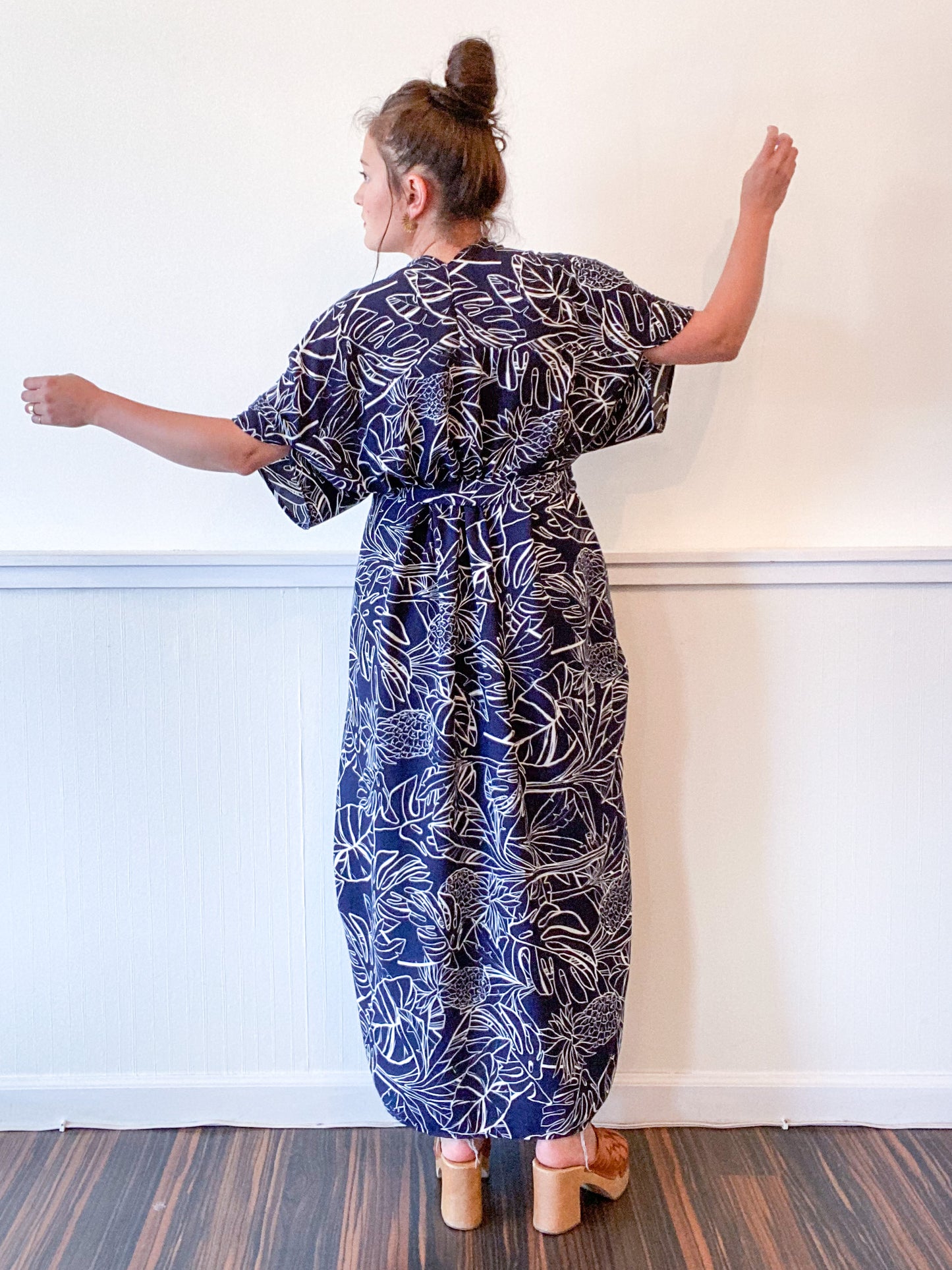 Print High Low Kimono Navy Pineapple Tropical Heavy Crepe