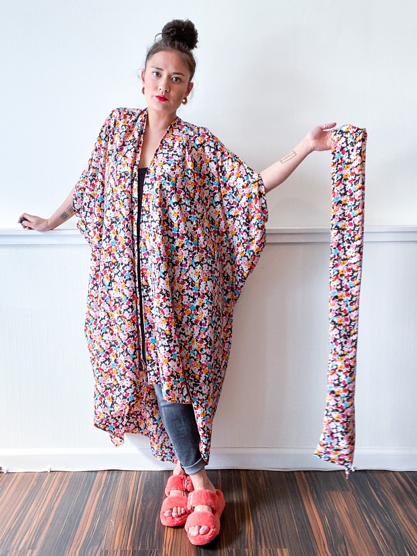 Print High Low Kimono Multicolor Mini Floral Crepe de Chine