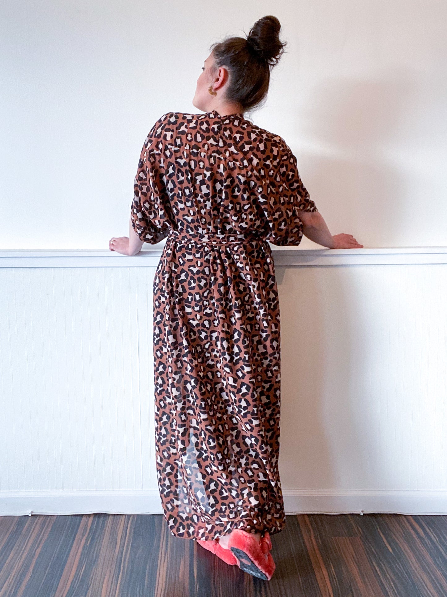 Print High Low Kimono Leopard Crinkle Double Chiffon