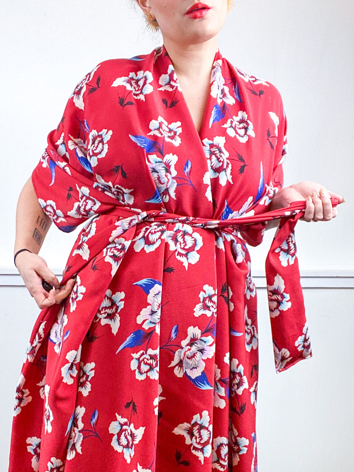 Print High Low Kimono Red Floral Crepe