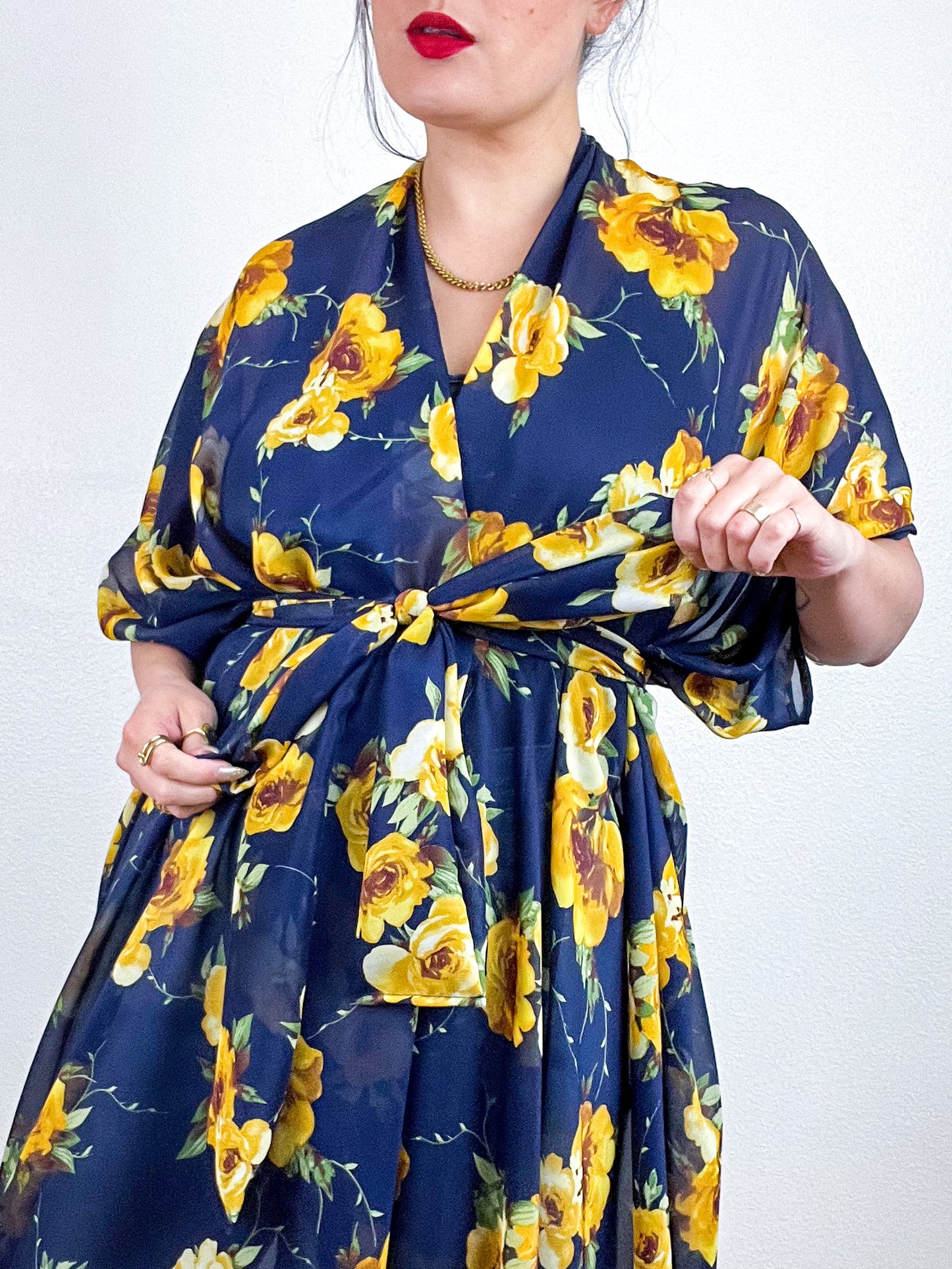 Print High Low Kimono Navy Yellow Floral Chiffon