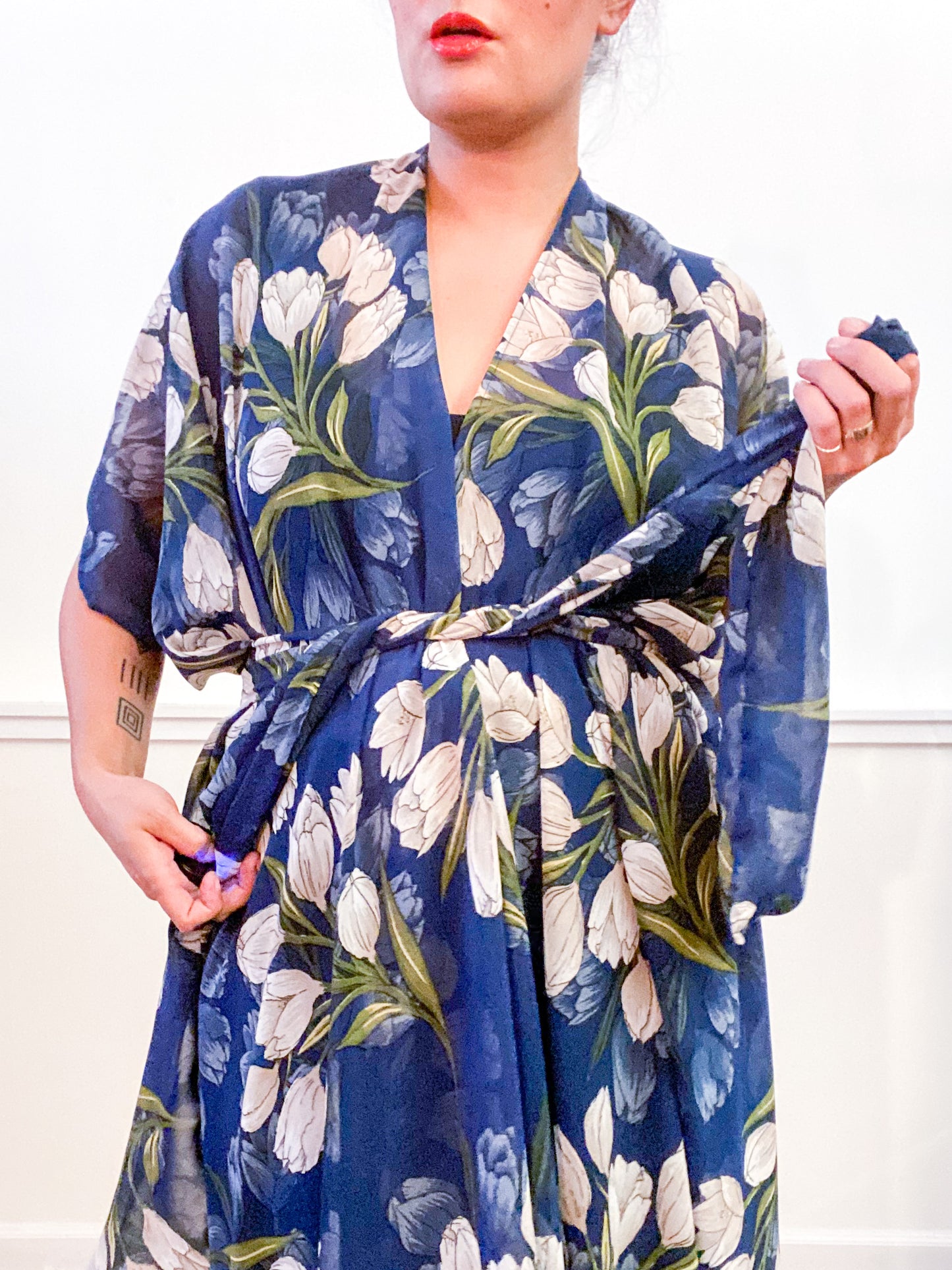 Print High Low Kimono Navy Tulips Chiffon