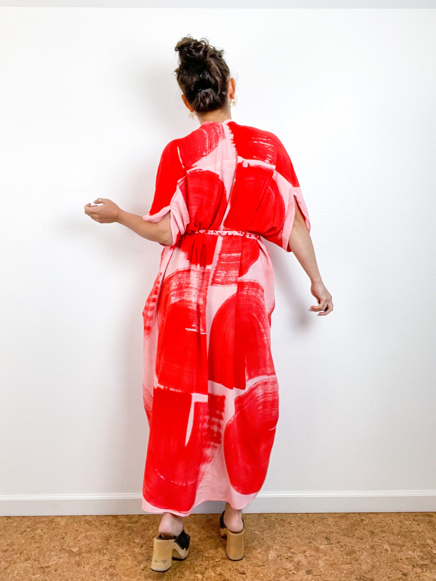 Hand-Dyed High Low Kimono Blush Scarlet Brushstroke