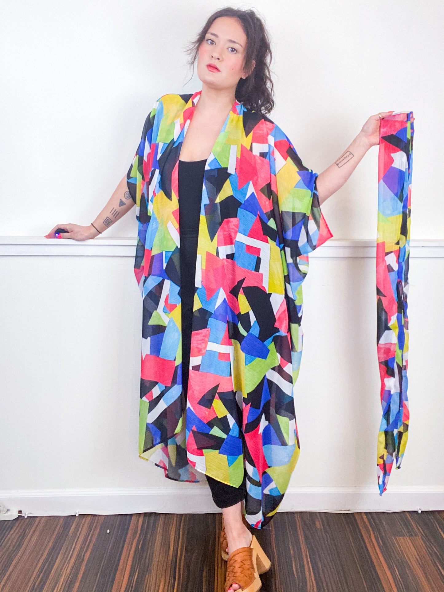 Print High Low Kimono Multicolor Abstract Crinkle Chiffon