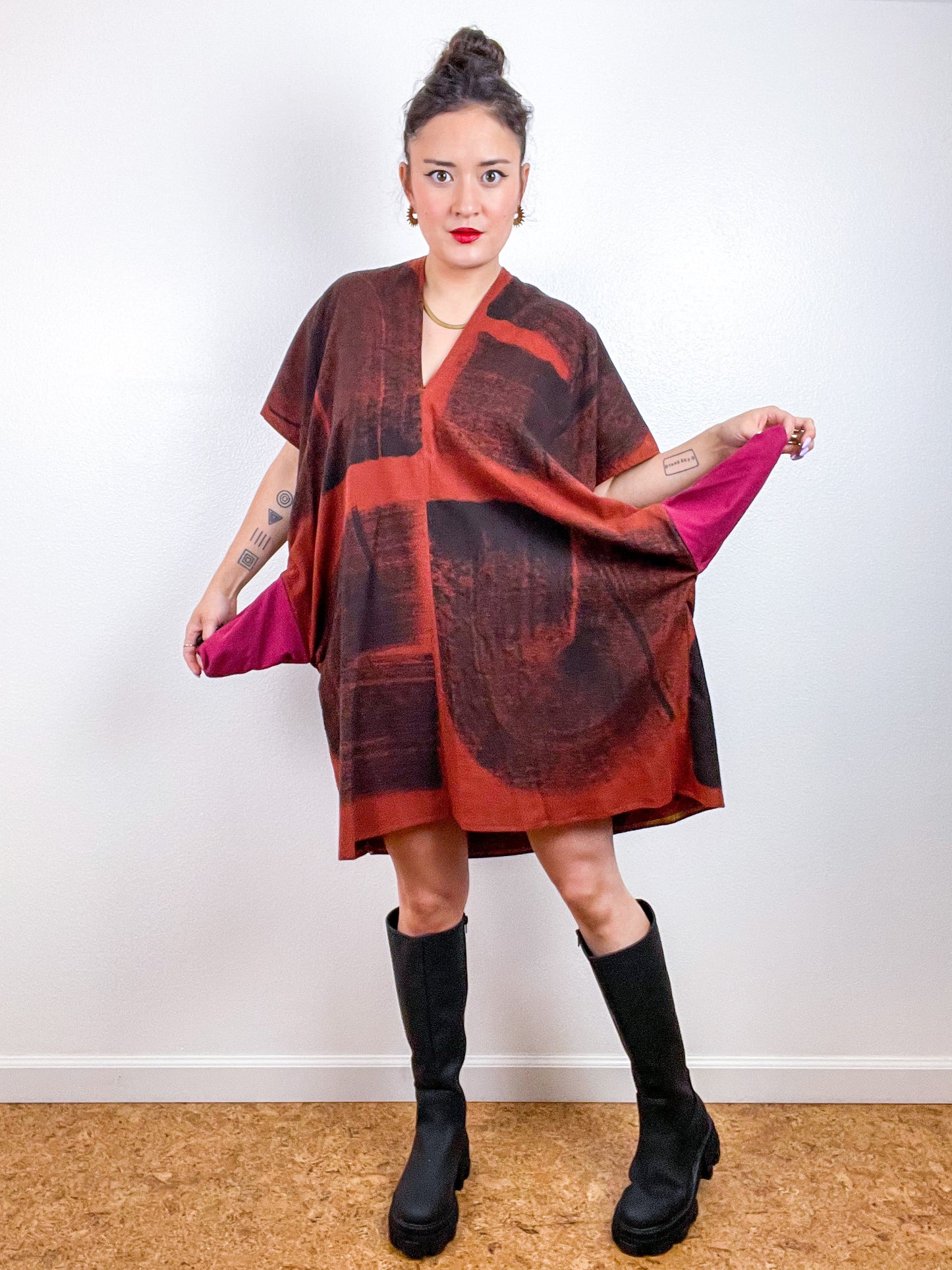 Hand-Dyed Flannel Smock Dress Rust Brushstrokes
